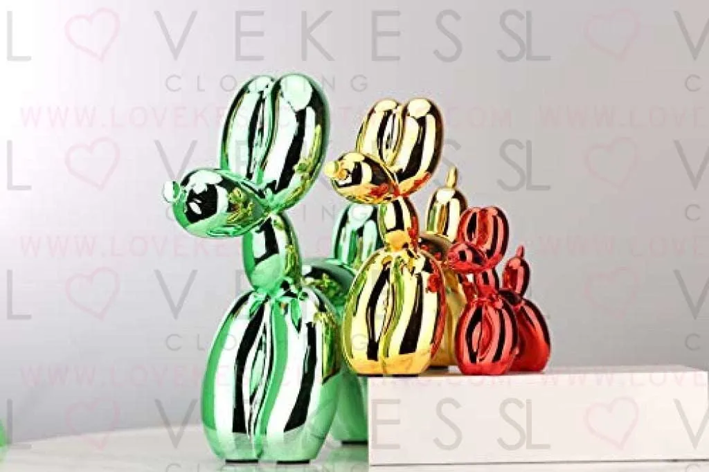 Animals Figurine Resin Cute Shiny Balloon Dog Shape Statue Art Sculpture Figurine Craftwork Home Decor with Antiskid Mat Lucky (Blue,17x17x7cm)