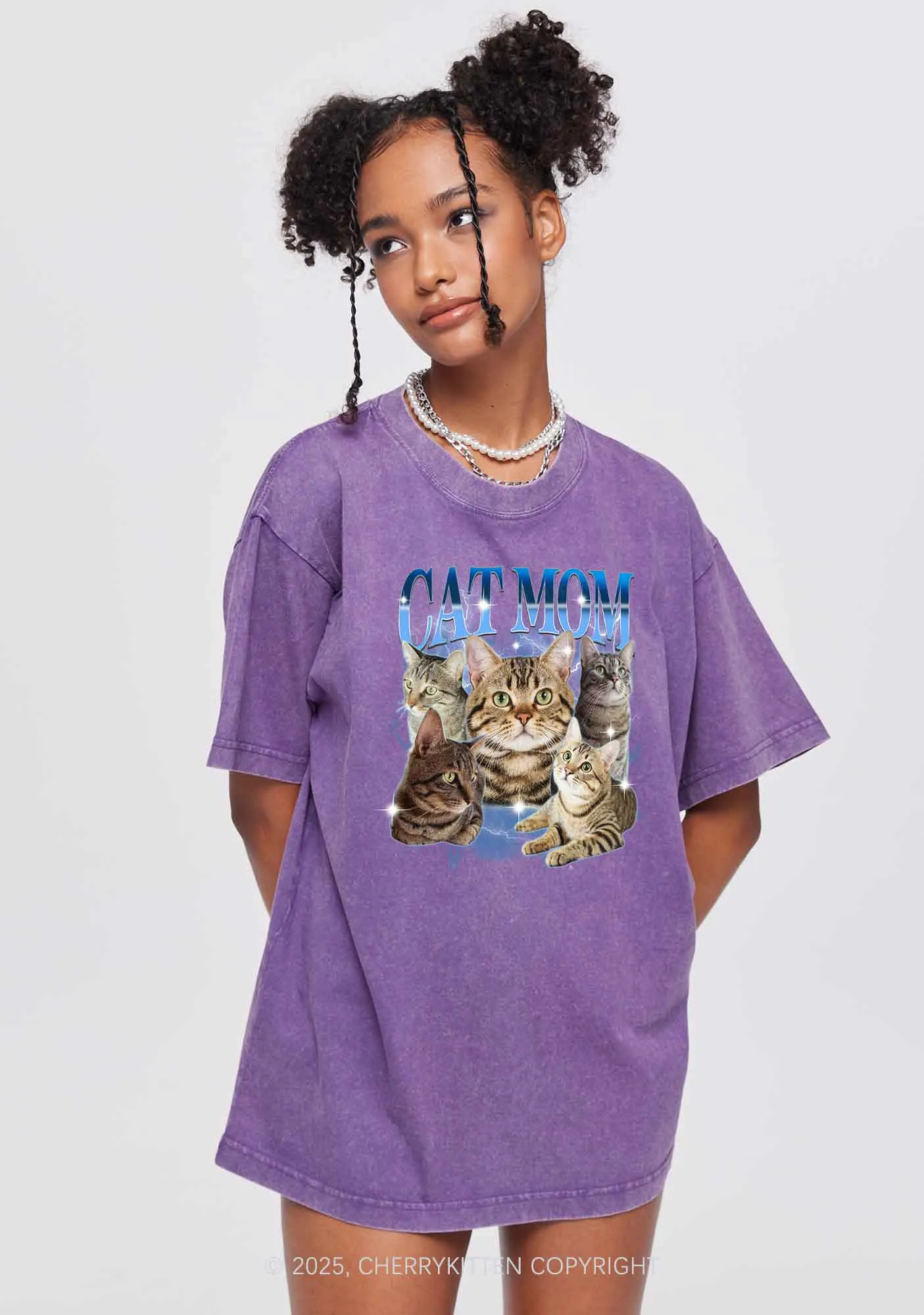 Custom Photo Cat Mom Y2K Shirts Washed Tee Cherrykitten