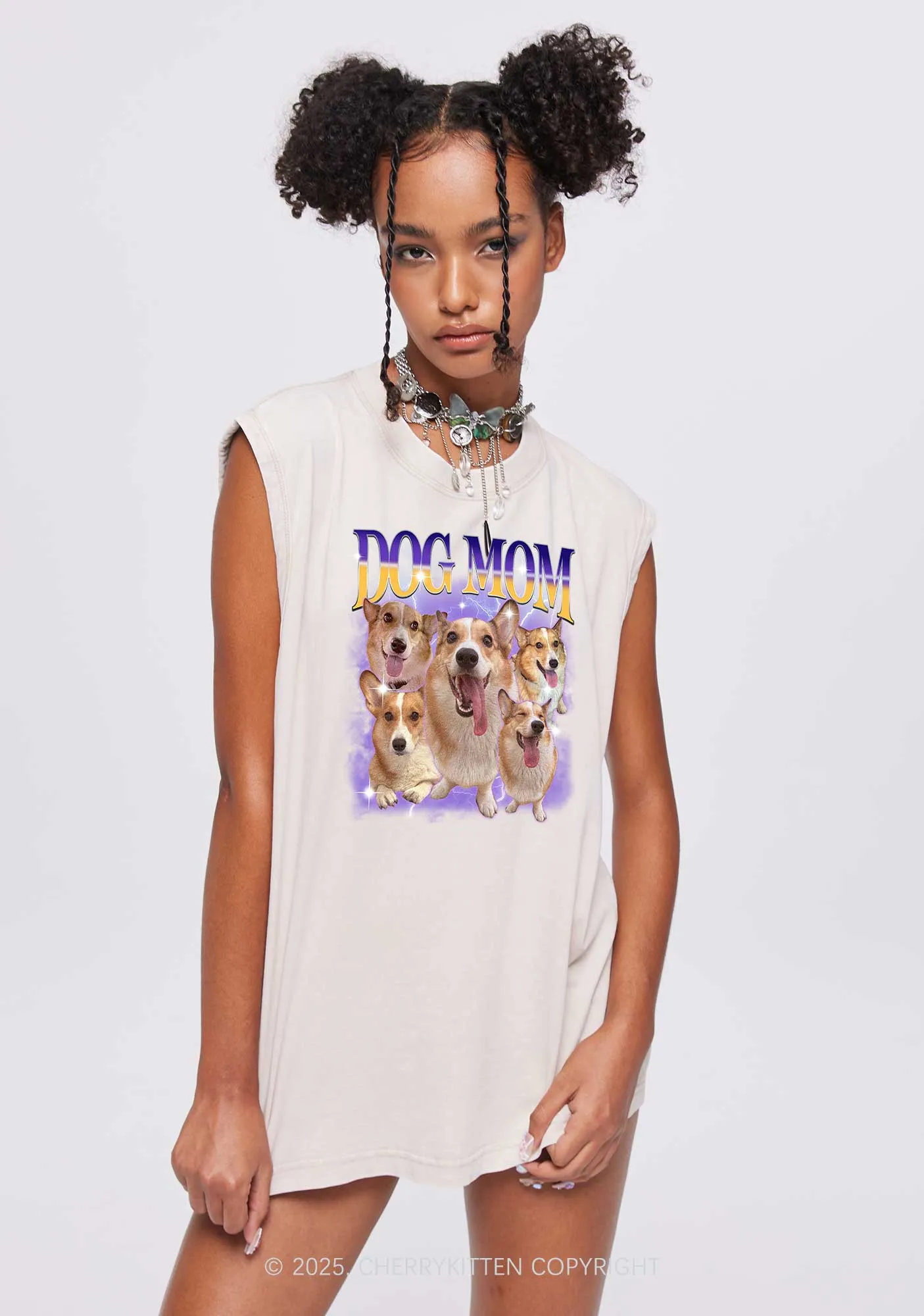 Custom Photo Dog Mom Y2K Washed Muscle Tank Cherrykitten