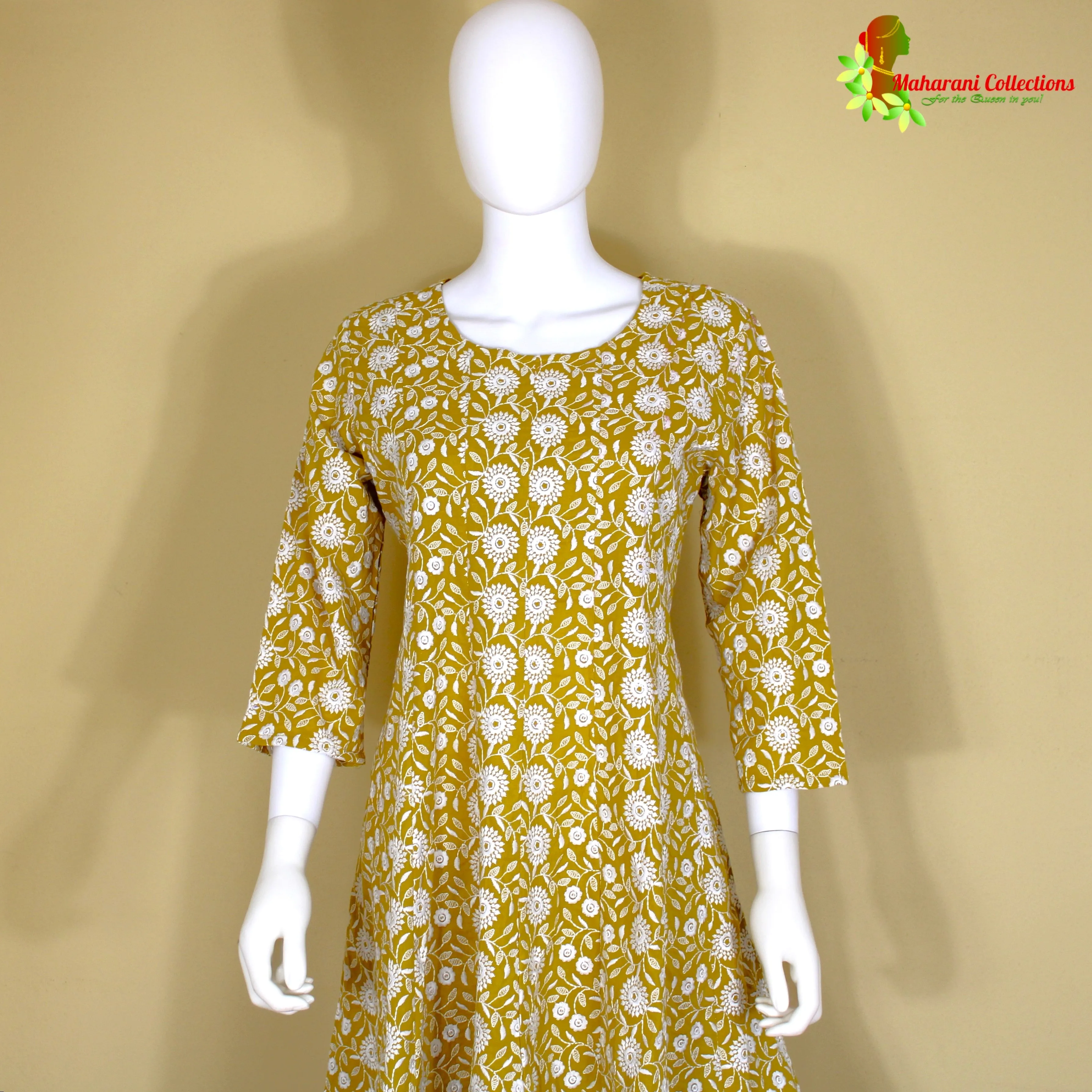 Maharani's Anarkali Suit - Mustard Yellow (M) - Pure Cotton
