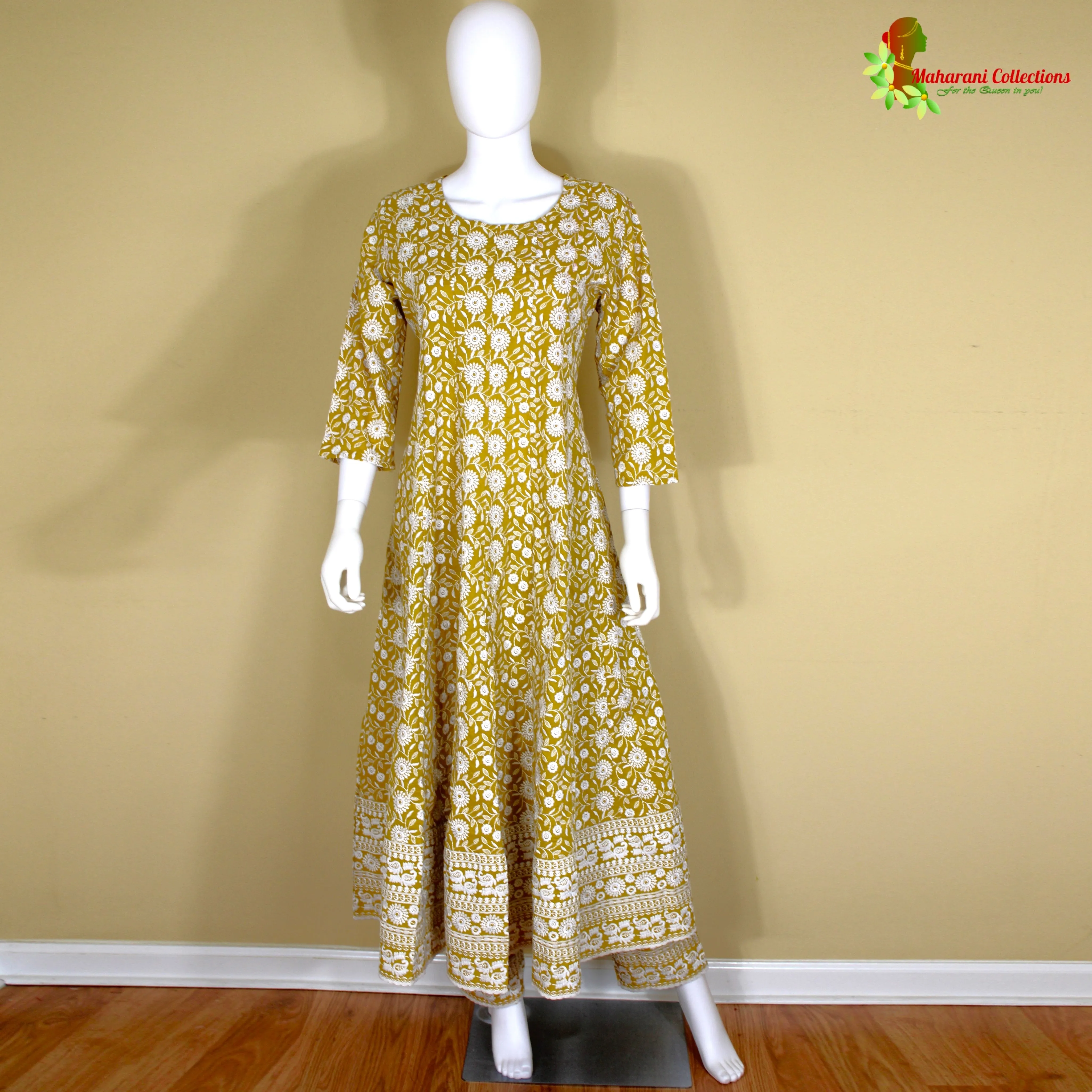 Maharani's Anarkali Suit - Mustard Yellow (M) - Pure Cotton
