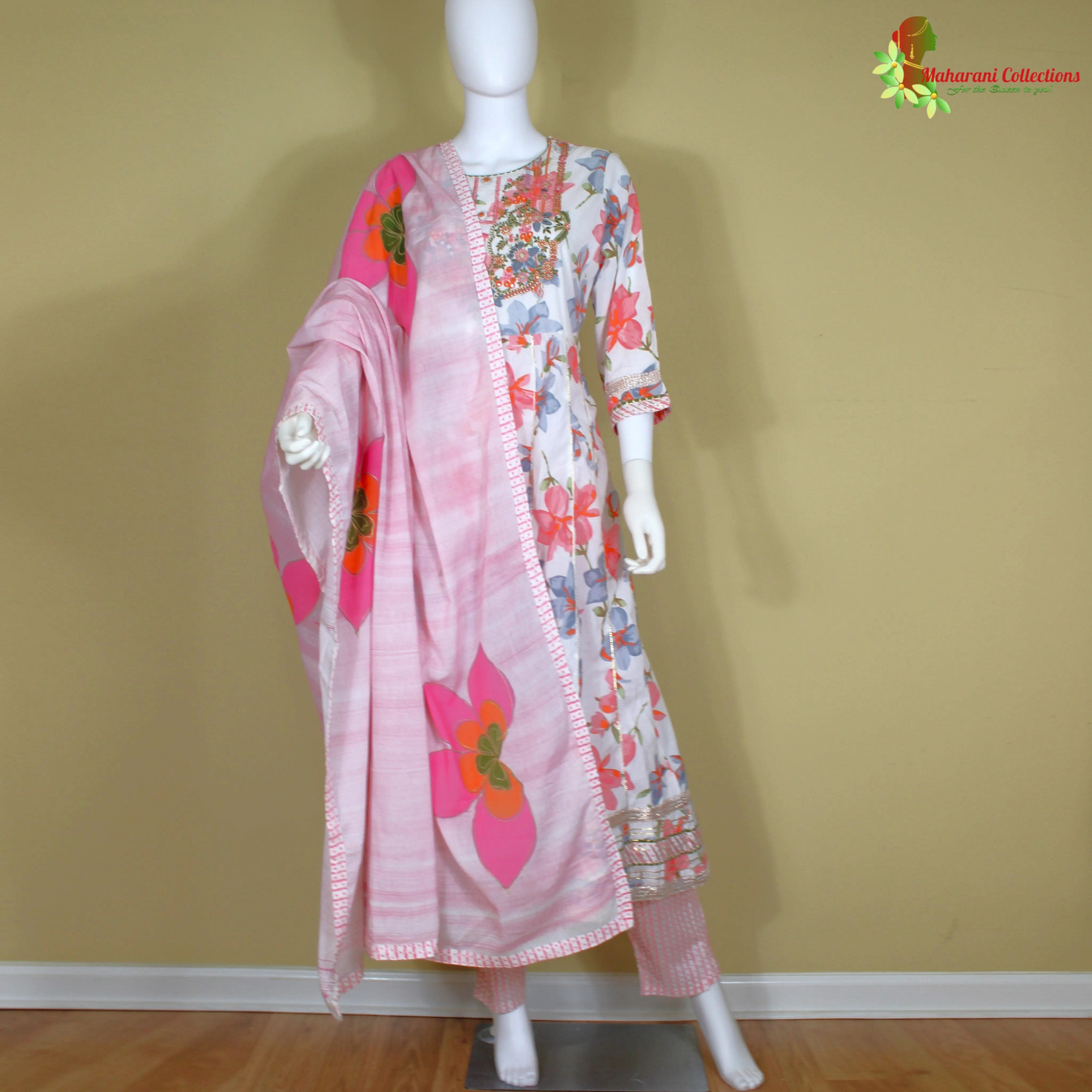 Maharani's Anarkali Suit - White Floral (L) - Pure Muslin Silk