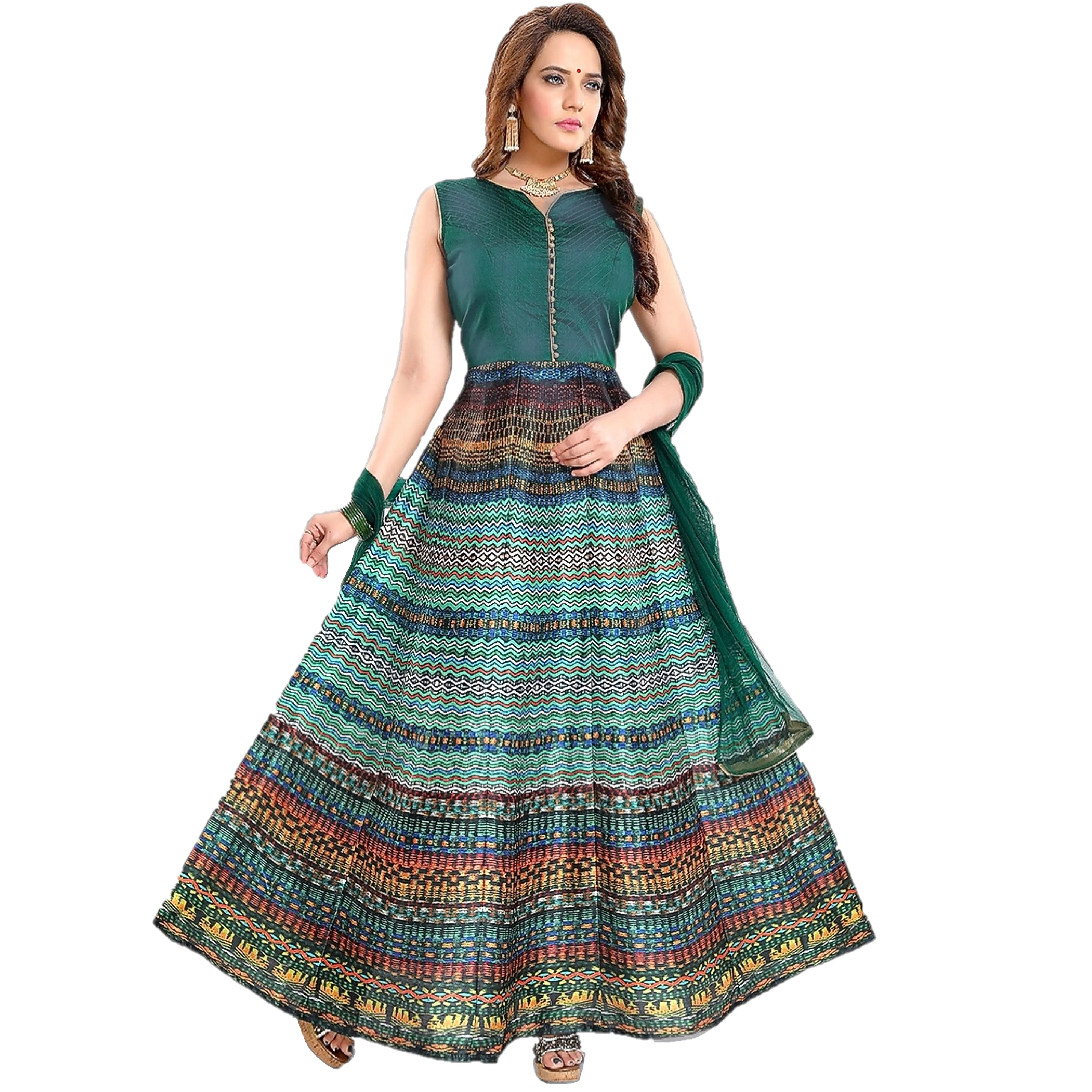 Maharani's Designer Gown (Anarkali Suit) - Bottle Green (L) - Tussar Silk