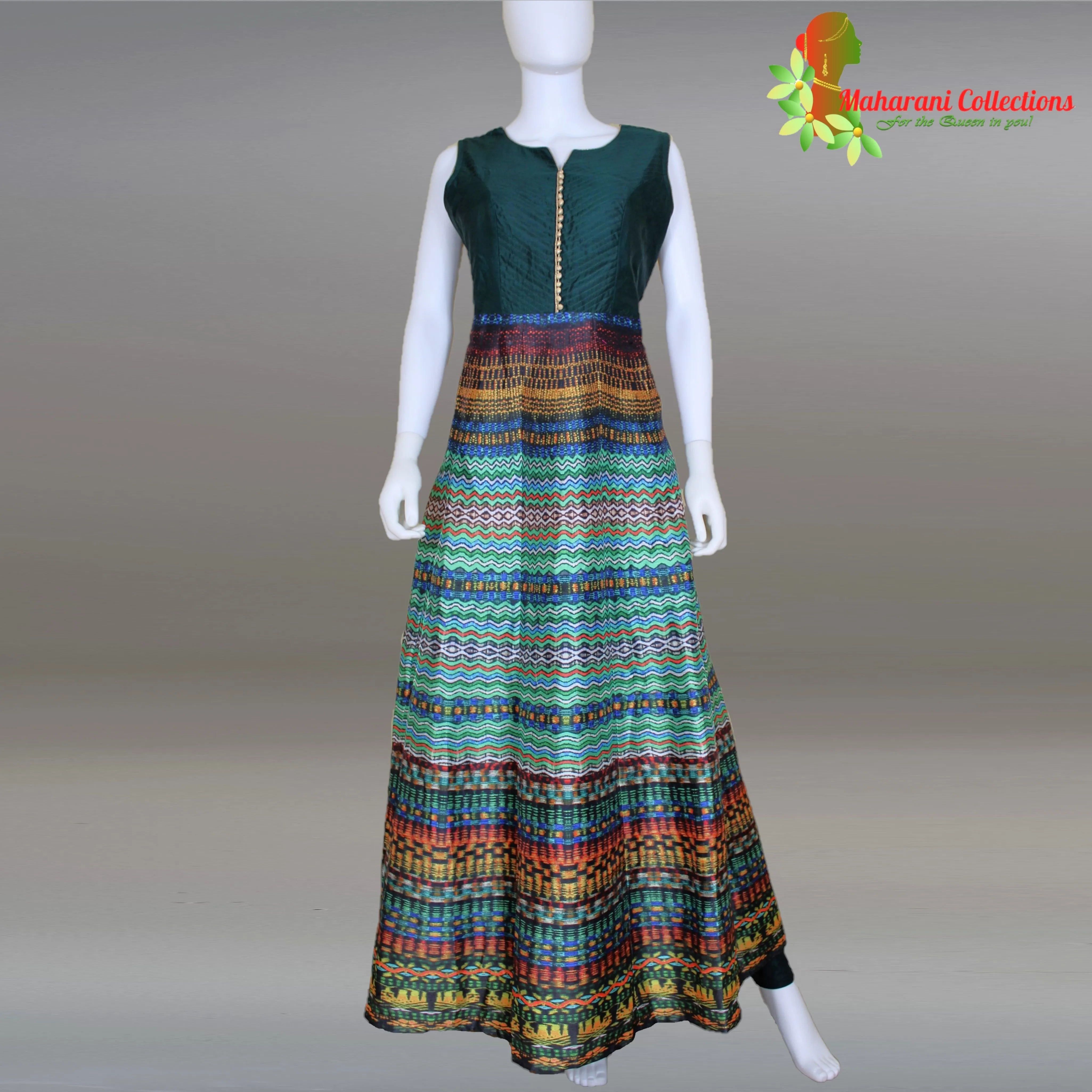 Maharani's Designer Gown (Anarkali Suit) - Bottle Green (L) - Tussar Silk