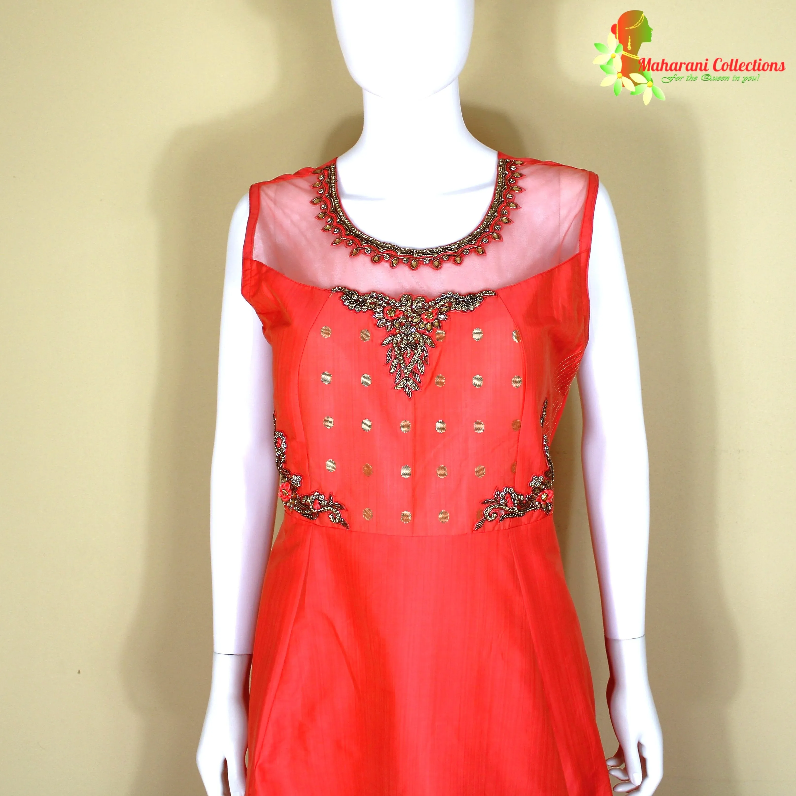 Maharani's Designer Gown (Anarkali Suit) - Dark Orange (L) - Tussar Silk