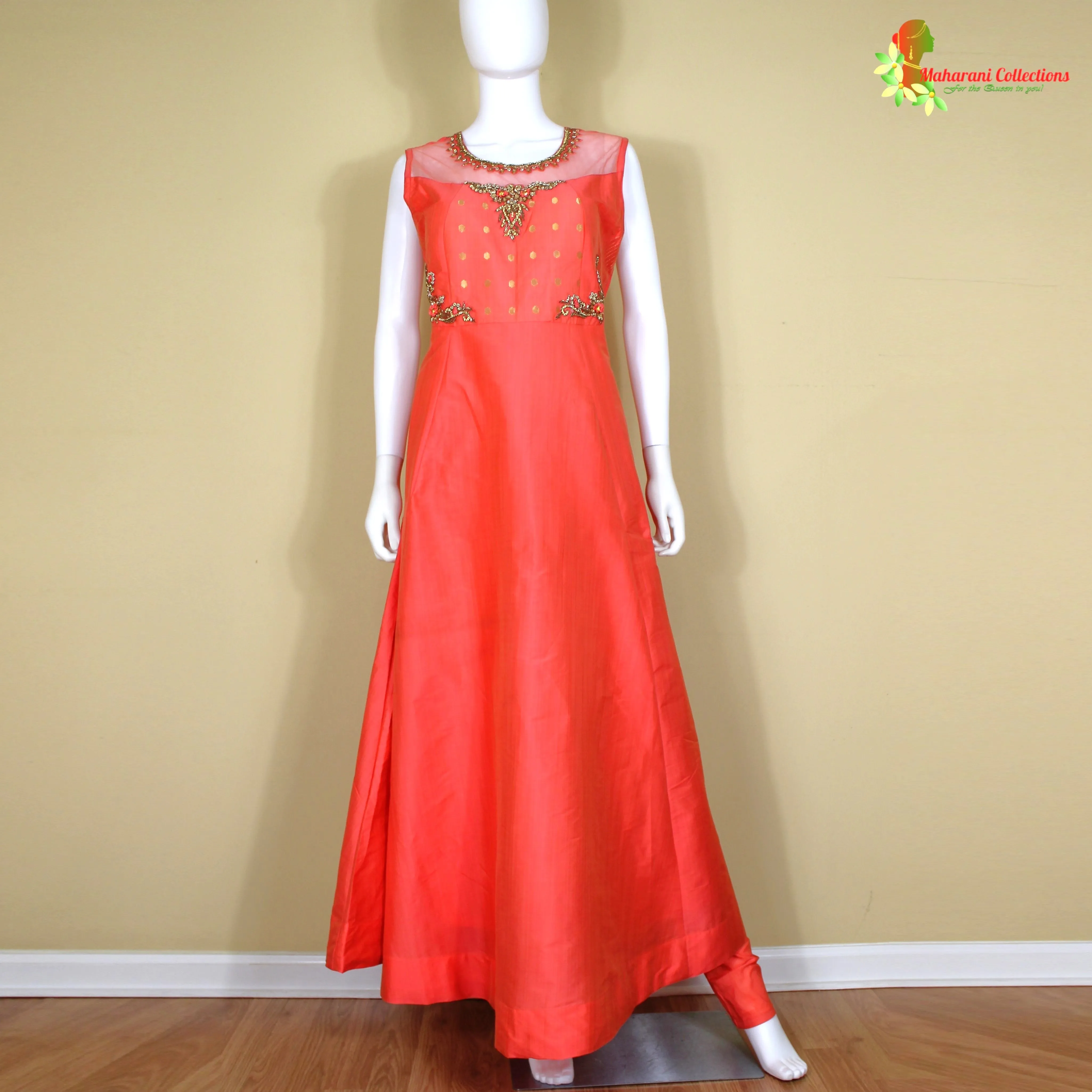 Maharani's Designer Gown (Anarkali Suit) - Dark Orange (L) - Tussar Silk