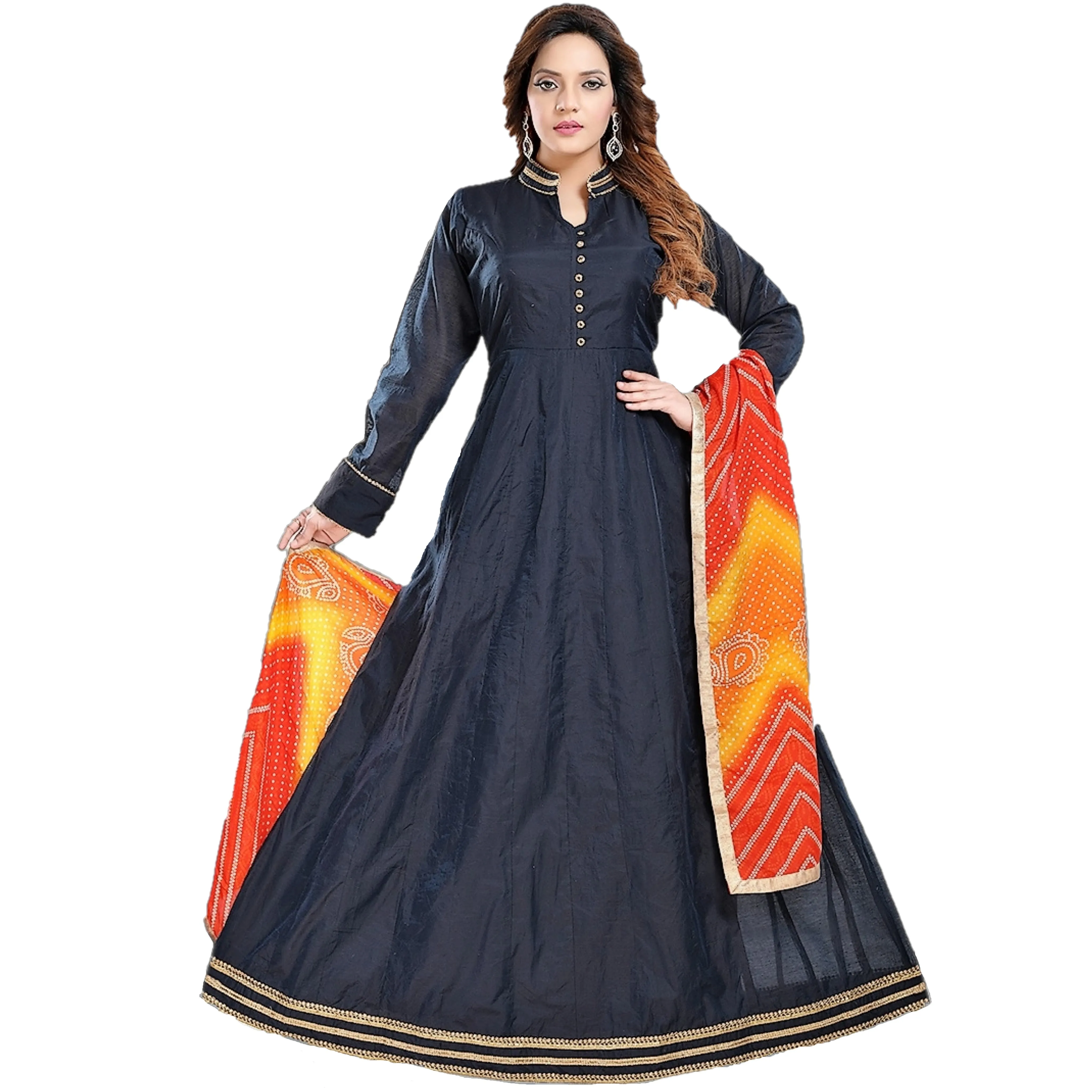 Maharani's Designer Gown (Anarkali Suit) - Navy Blue (L) - Tussar Silk