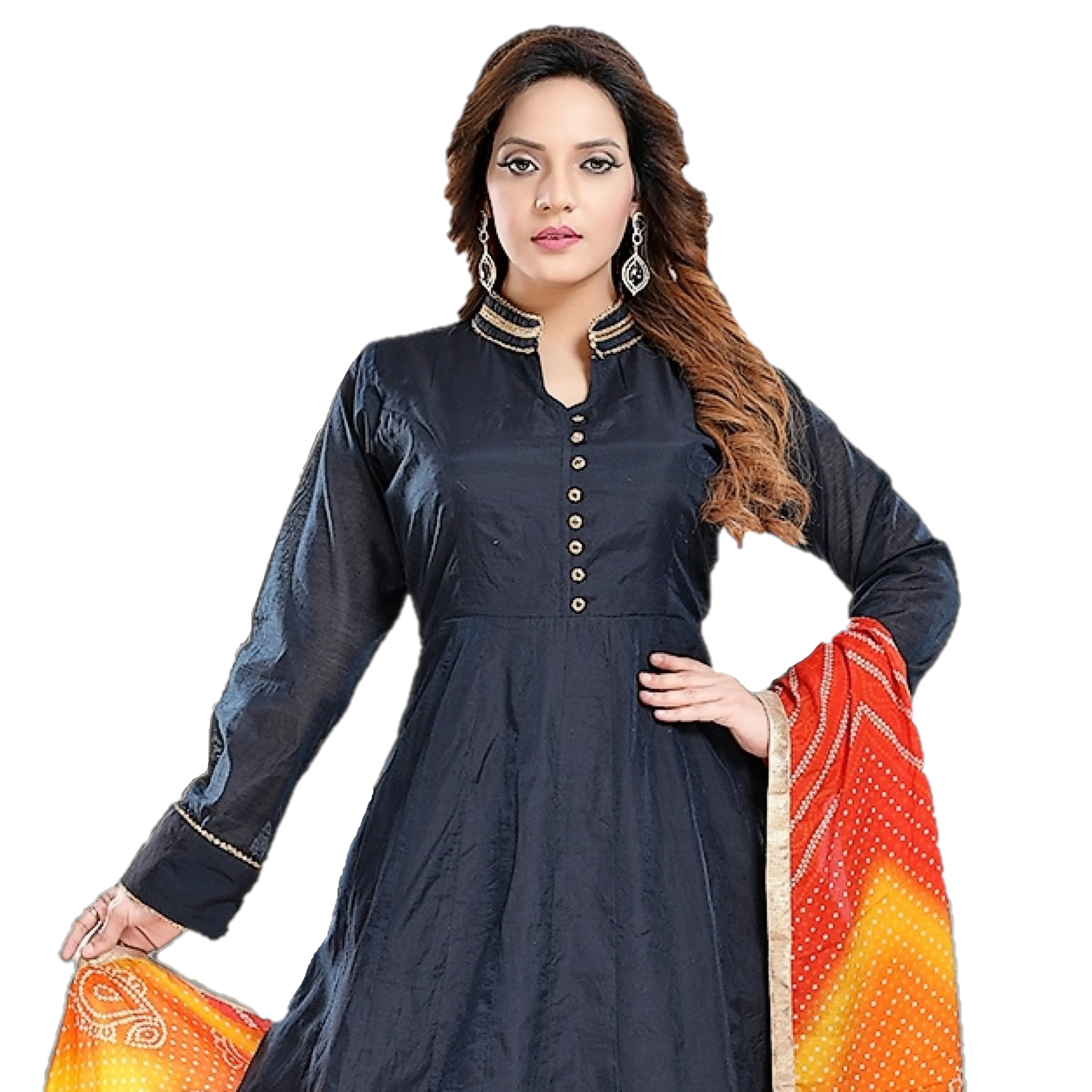 Maharani's Designer Gown (Anarkali Suit) - Navy Blue (L) - Tussar Silk