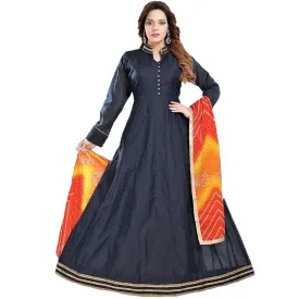 Maharani's Designer Gown (Anarkali Suit) - Navy Blue (L) - Tussar Silk