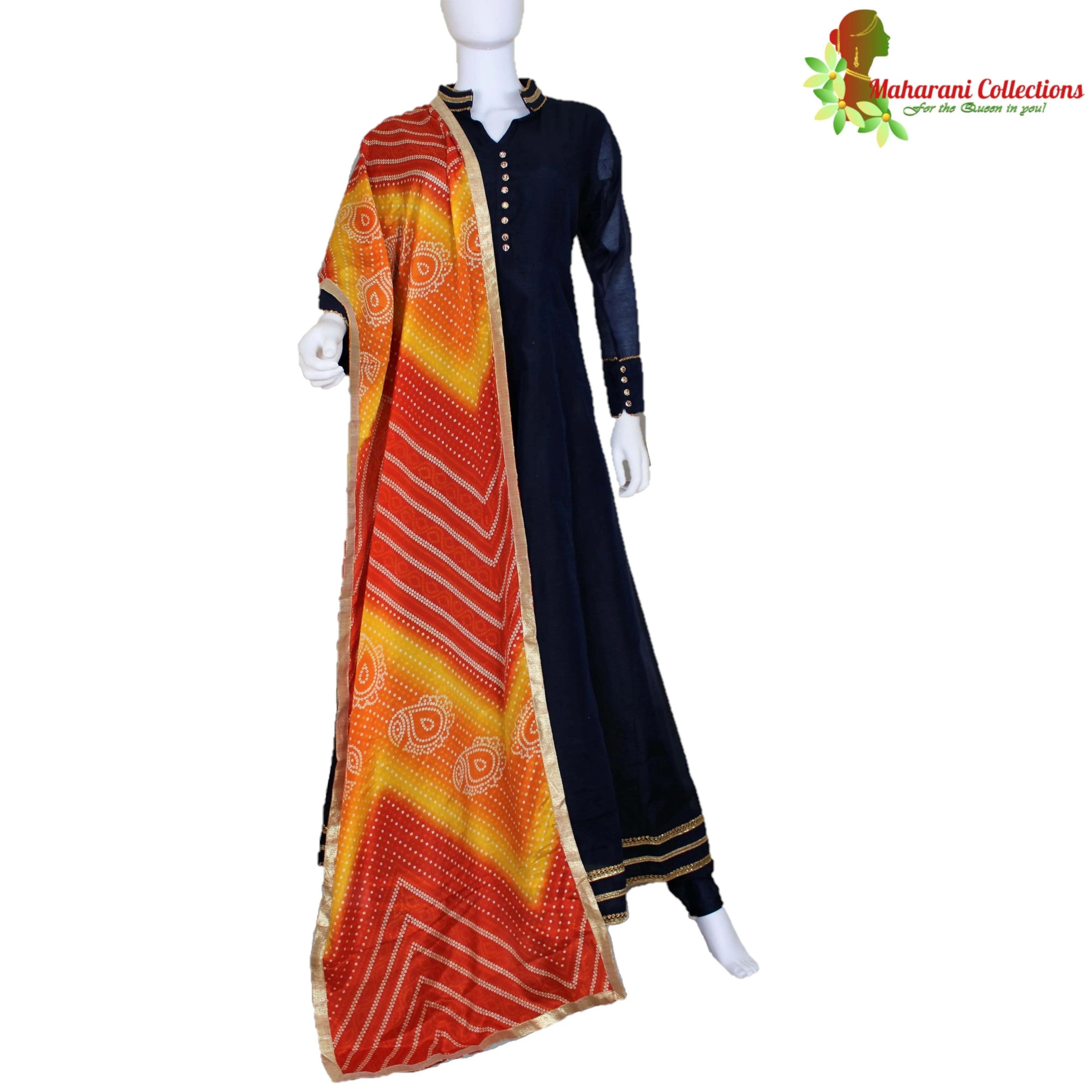 Maharani's Designer Gown (Anarkali Suit) - Navy Blue (L) - Tussar Silk