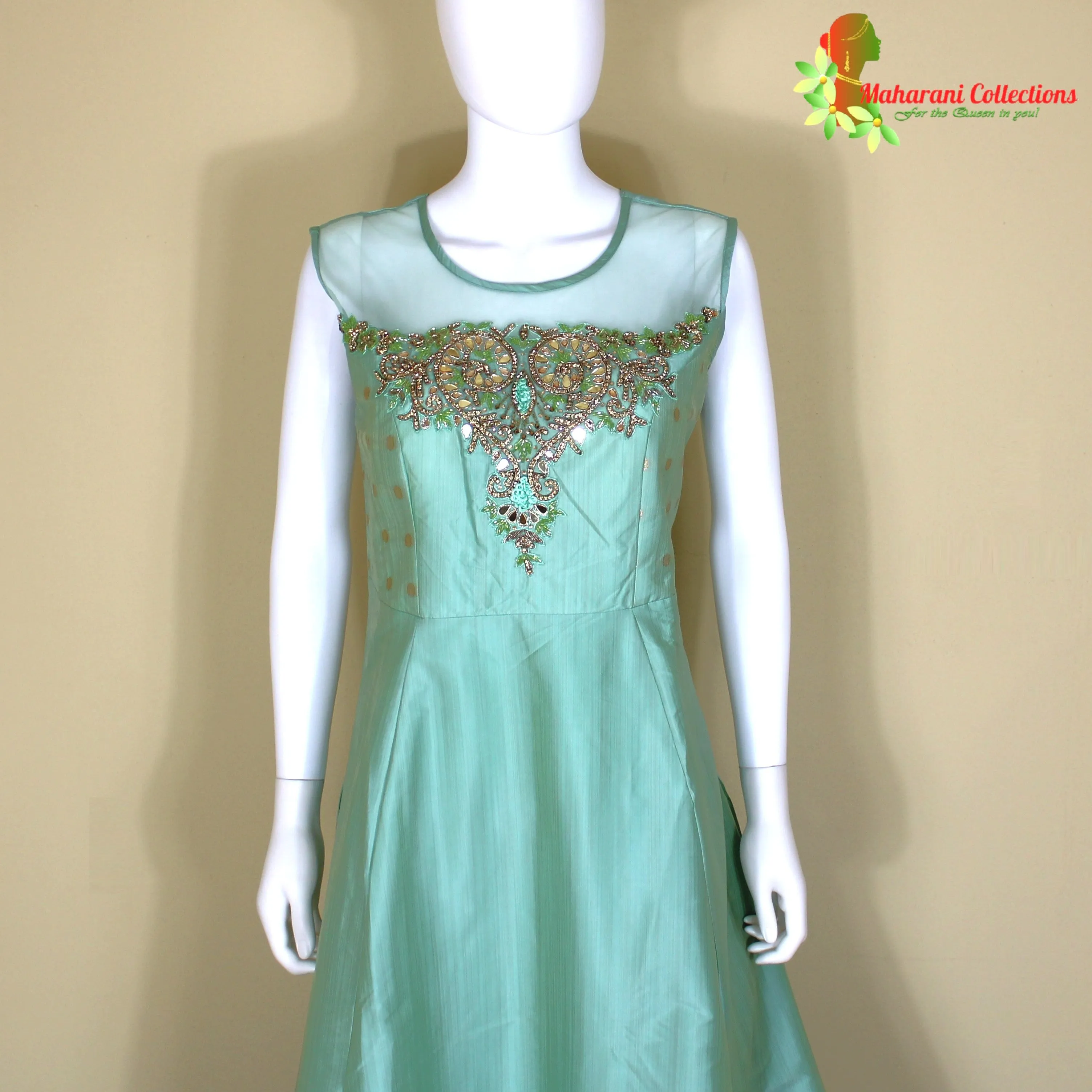 Maharani's Designer Gown (Anarkali Suit) - Pista Green (L) - Tussar Silk