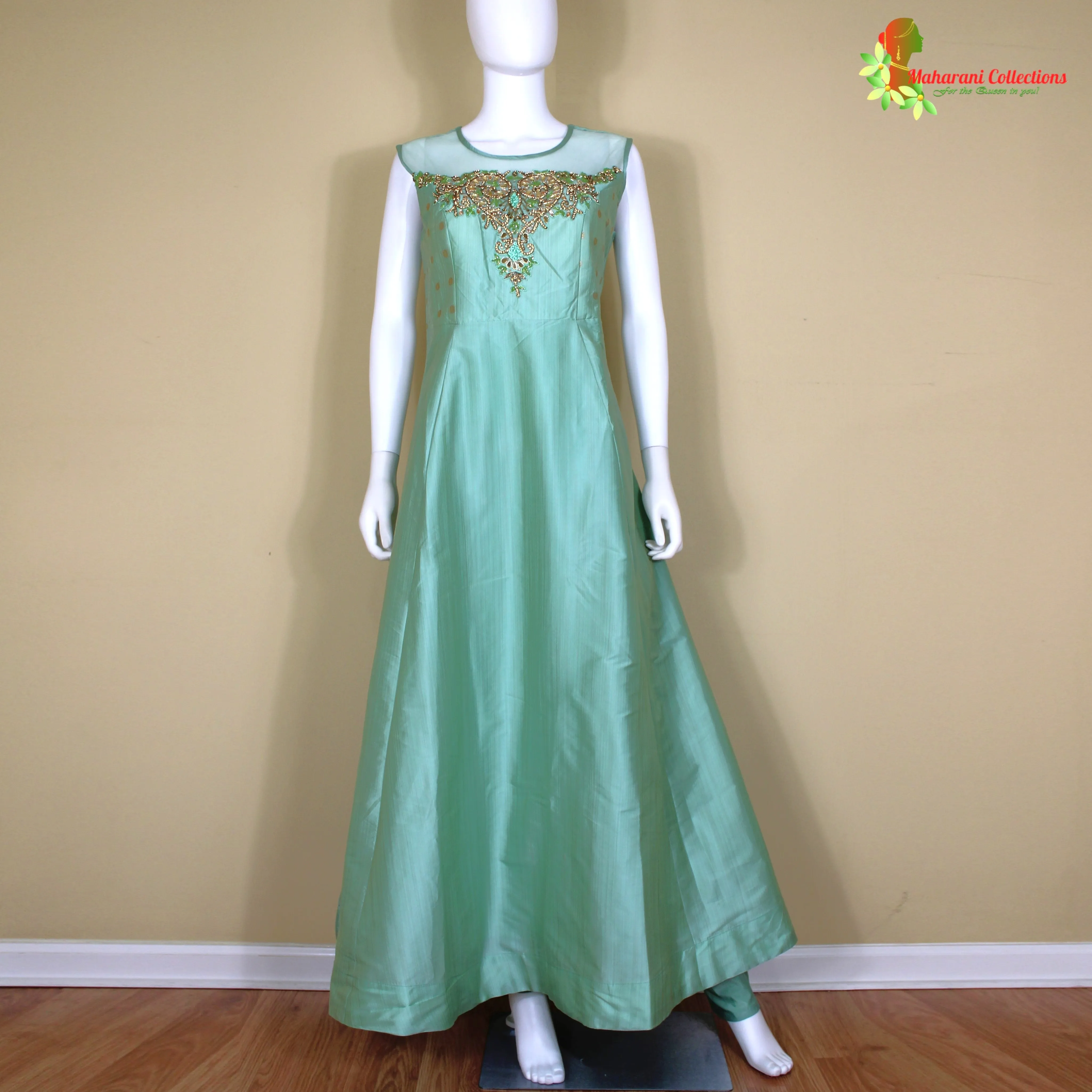 Maharani's Designer Gown (Anarkali Suit) - Pista Green (L) - Tussar Silk