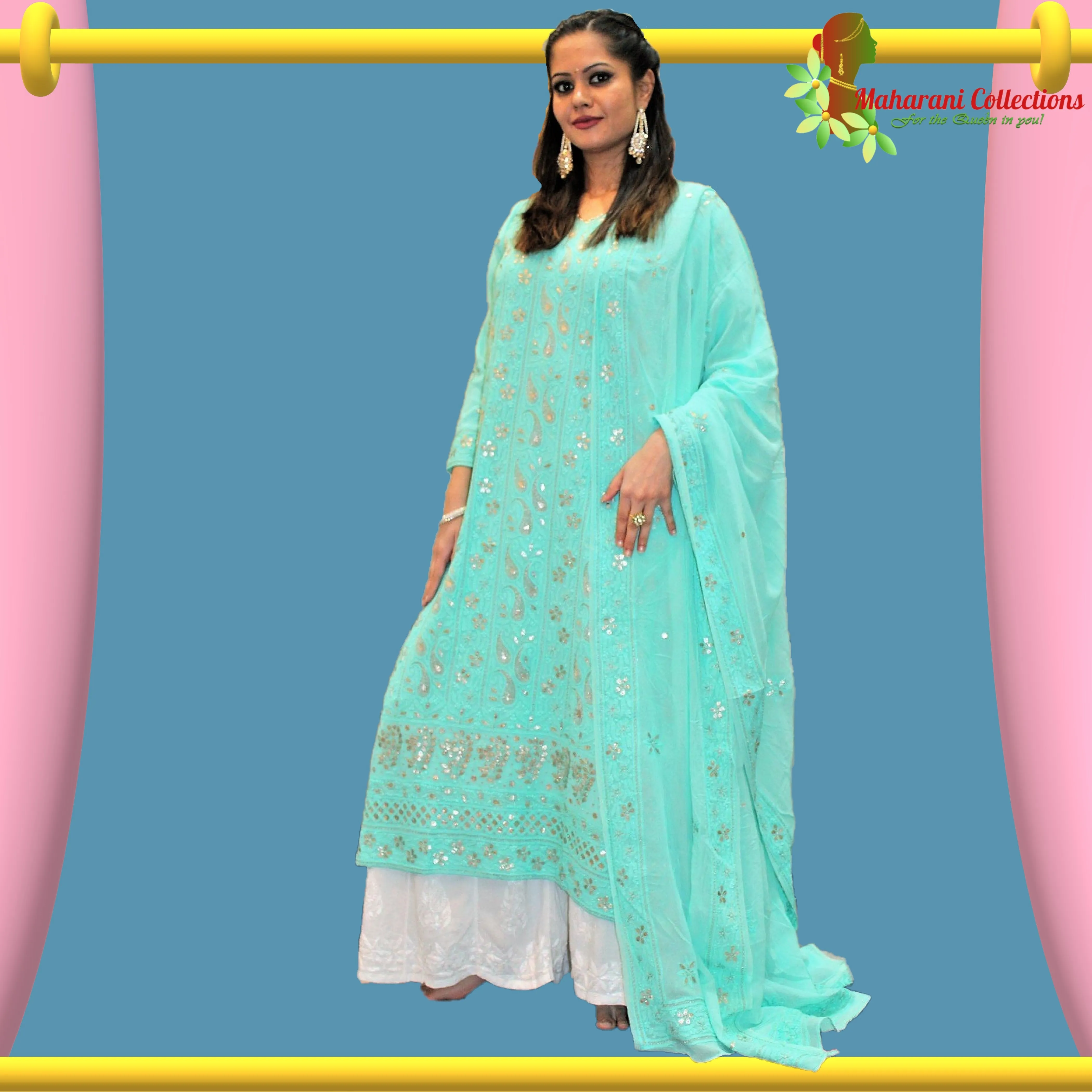Maharani's Georgette Gotta Patti Sharara Suit - Sea Green (M)