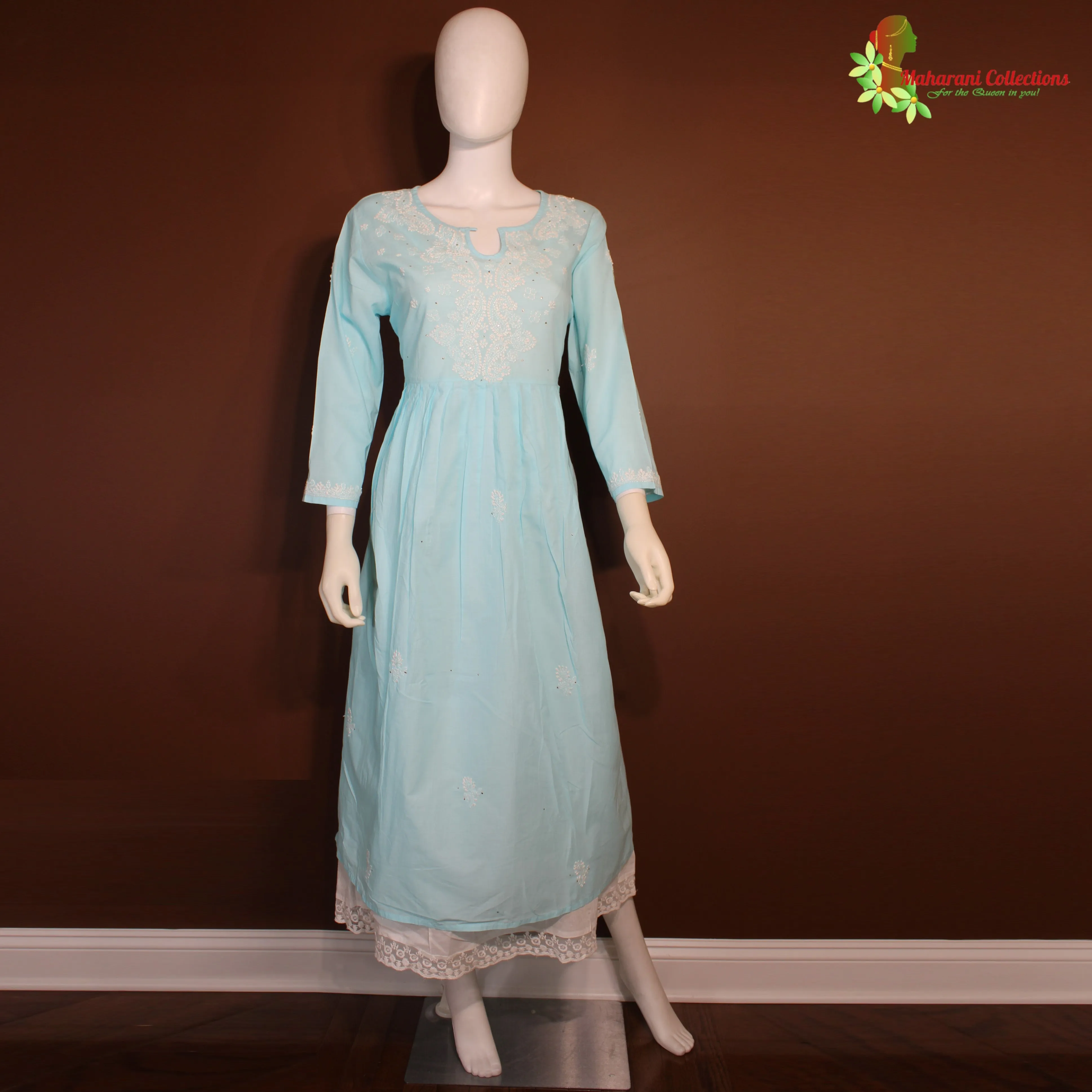 Maharani's Lucknowi Chikankari Long Top - Light Blue (L) - Pure Cotton