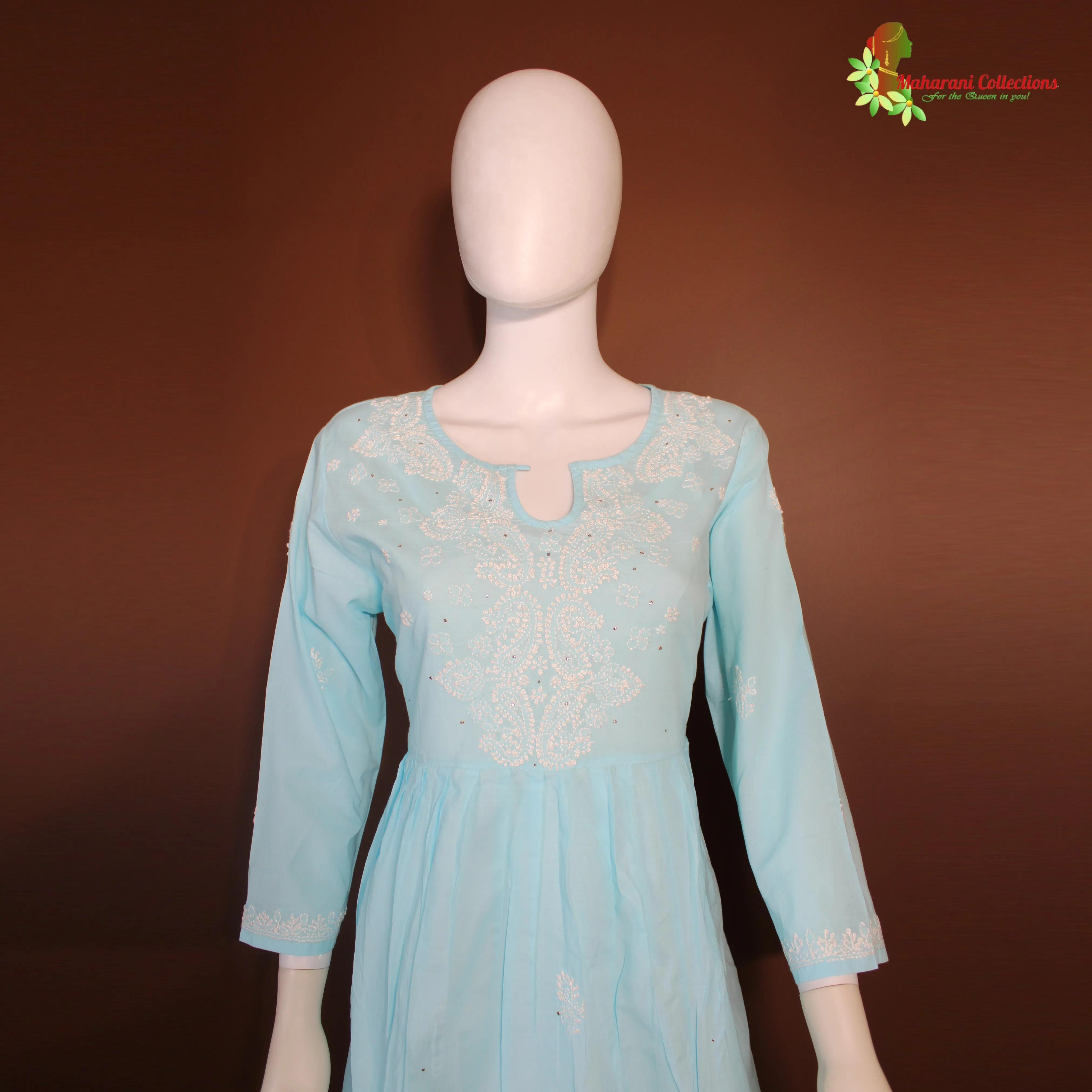 Maharani's Lucknowi Chikankari Long Top - Light Blue (L) - Pure Cotton