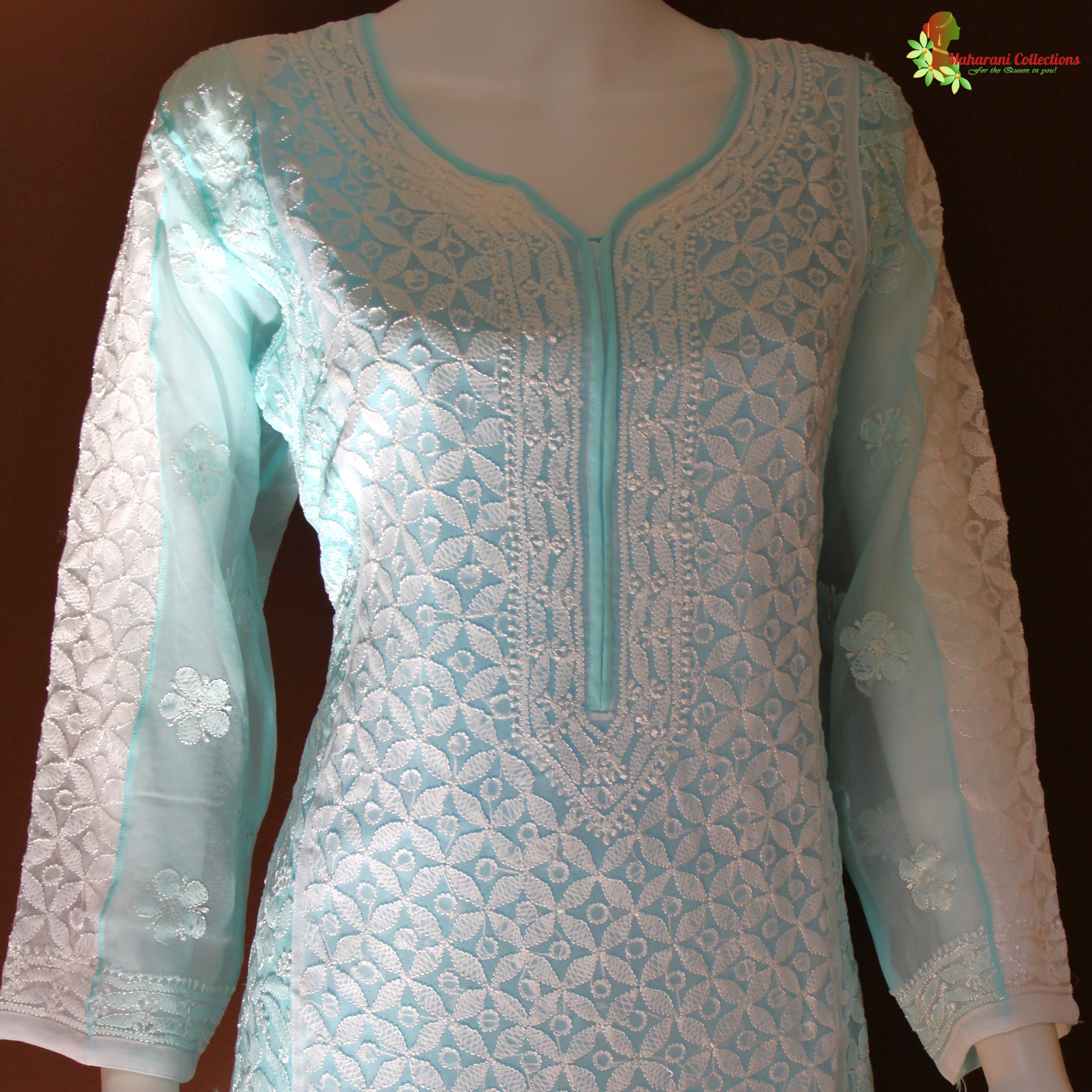 Maharani's Lucknowi Chikankari Palazzo Suit - Light Blue (L) - Pure Georgette