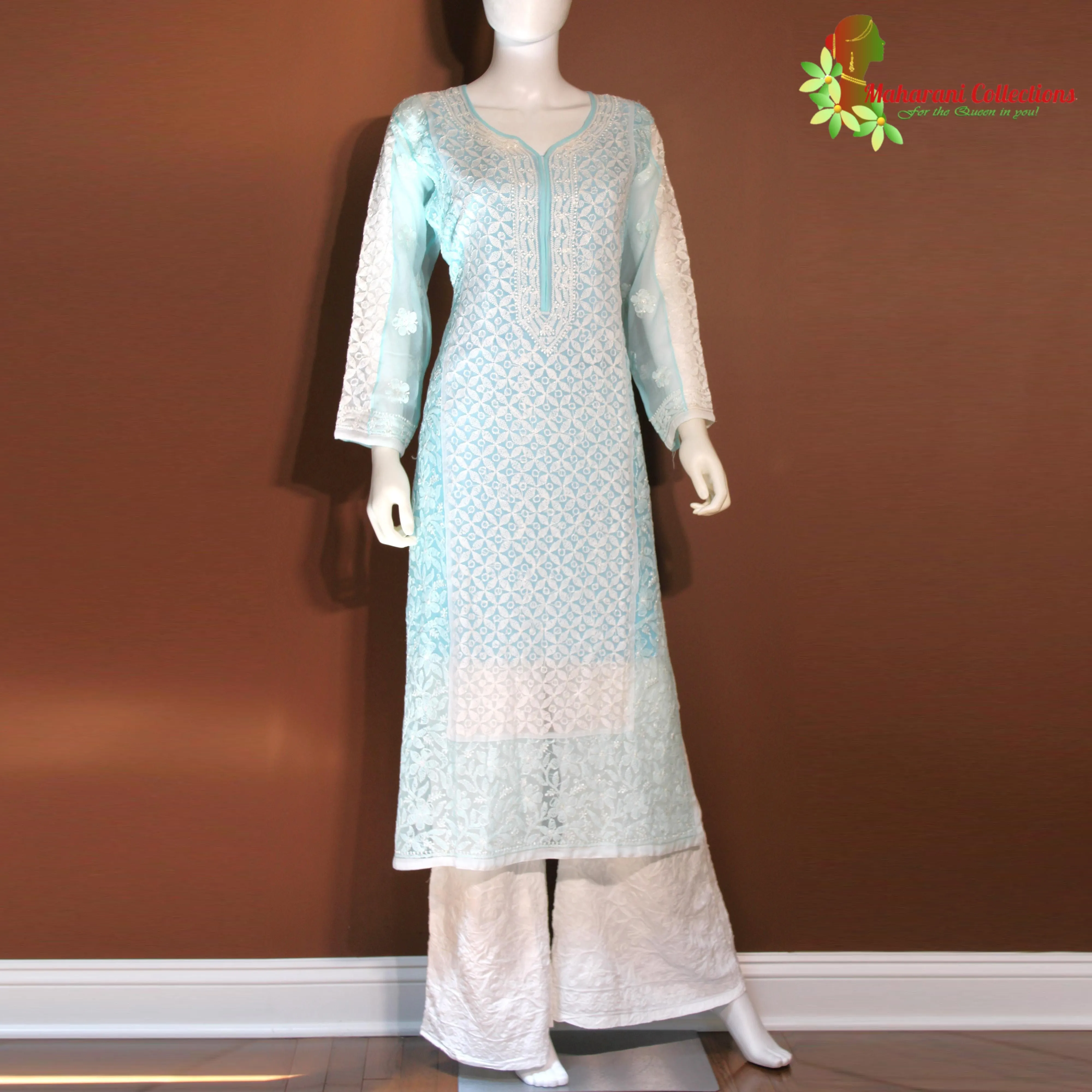 Maharani's Lucknowi Chikankari Palazzo Suit - Light Blue (L) - Pure Georgette