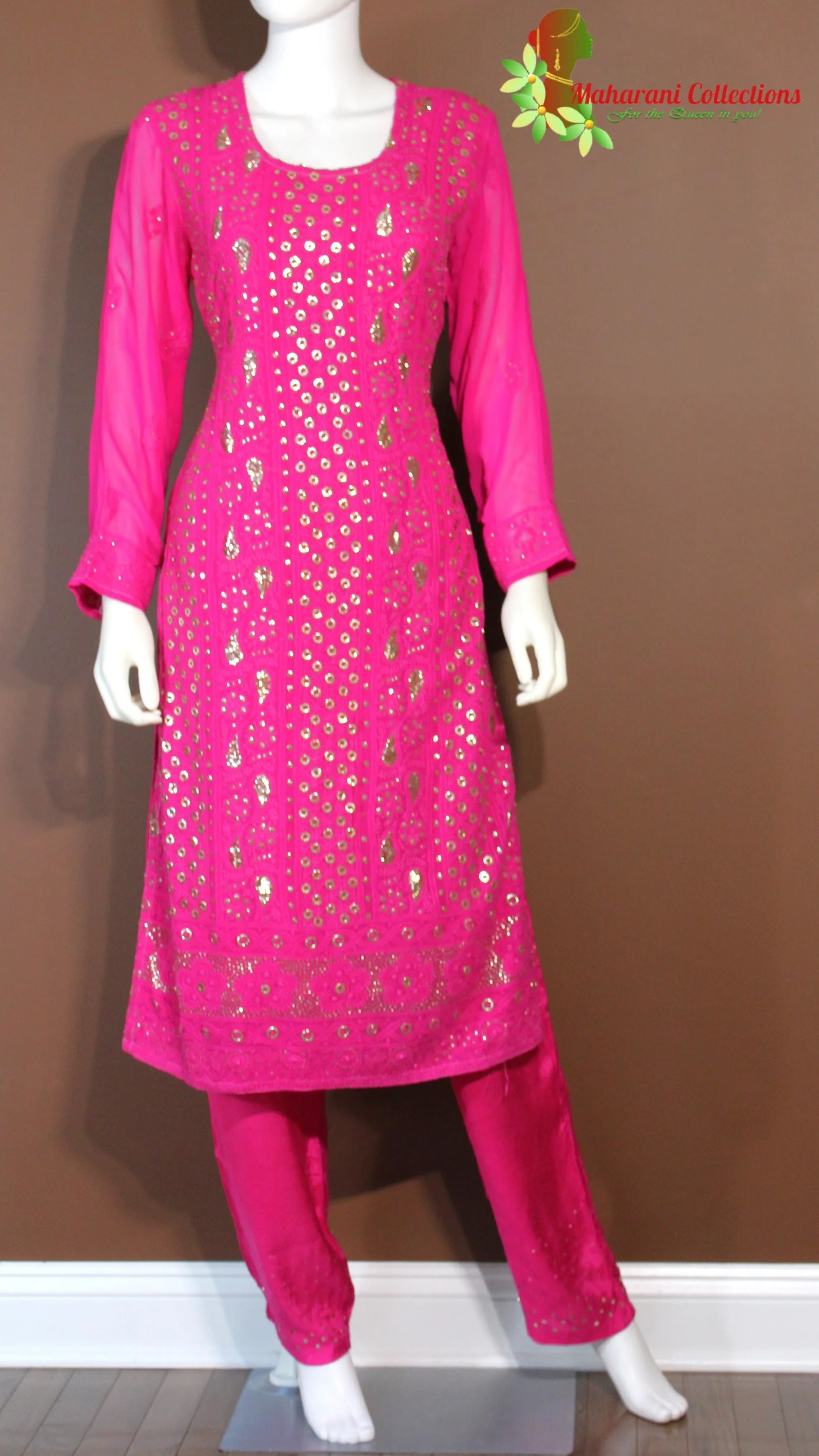 Maharani's Lucknowi Chikankari Palazzo Suit - Magenta (S) - Pure Georgette