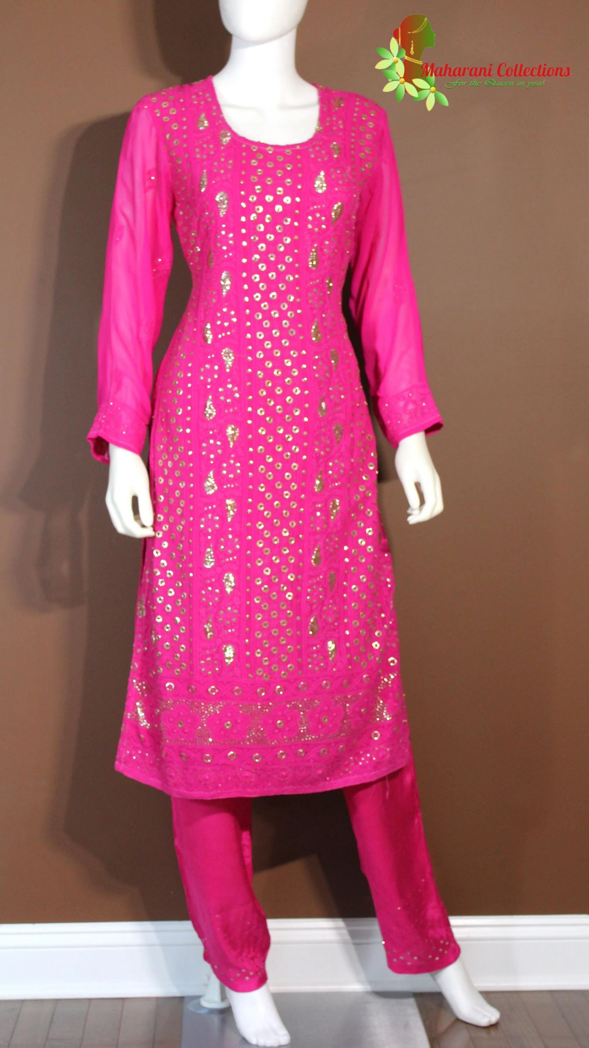 Maharani's Lucknowi Chikankari Palazzo Suit - Magenta (S) - Pure Georgette