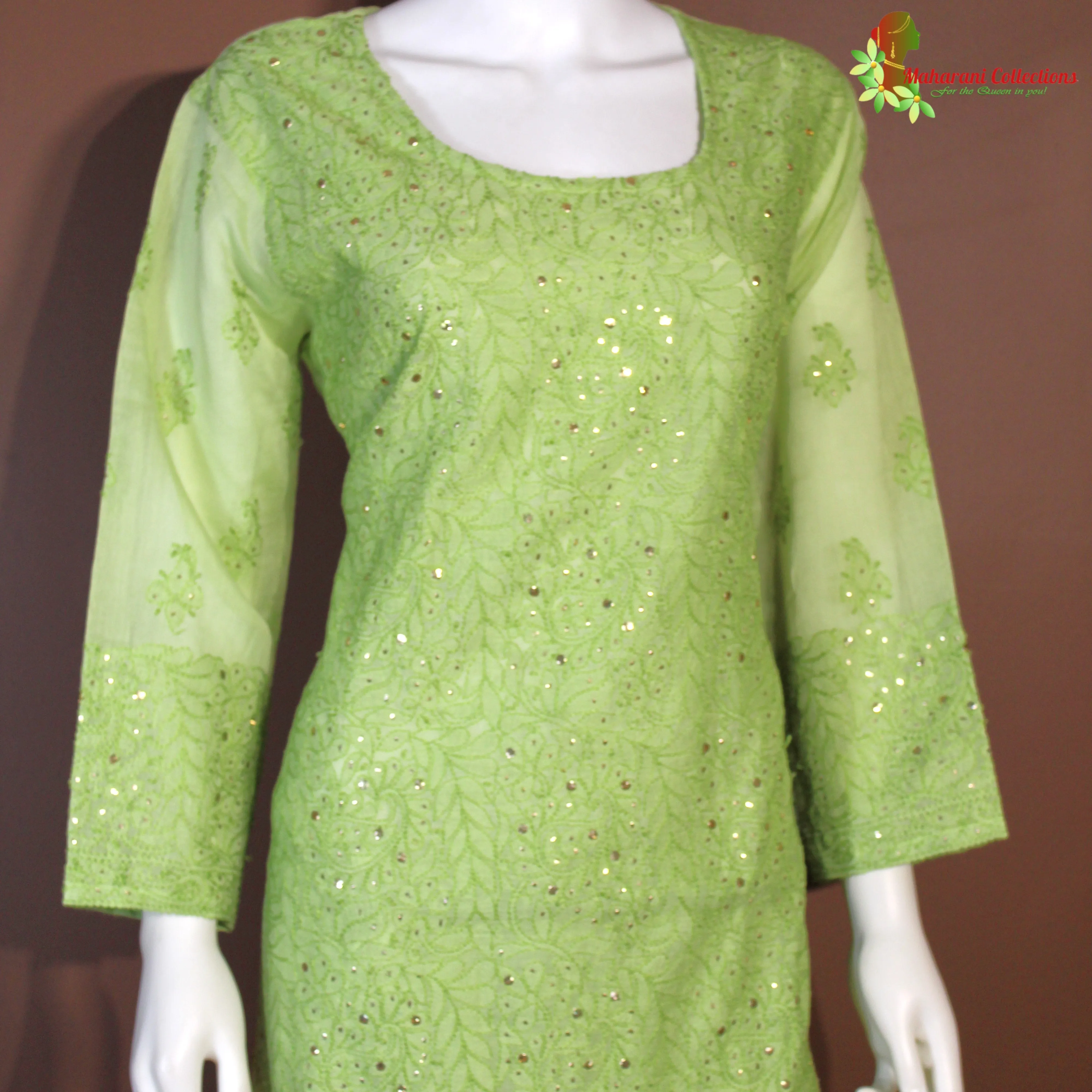 Maharani's Lucknowi Chikankari Palazzo Suit - Olive Green (XXL) - Silk