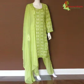Maharani's Lucknowi Chikankari Palazzo Suit - Pista Green (XL) - Cotton Silk
