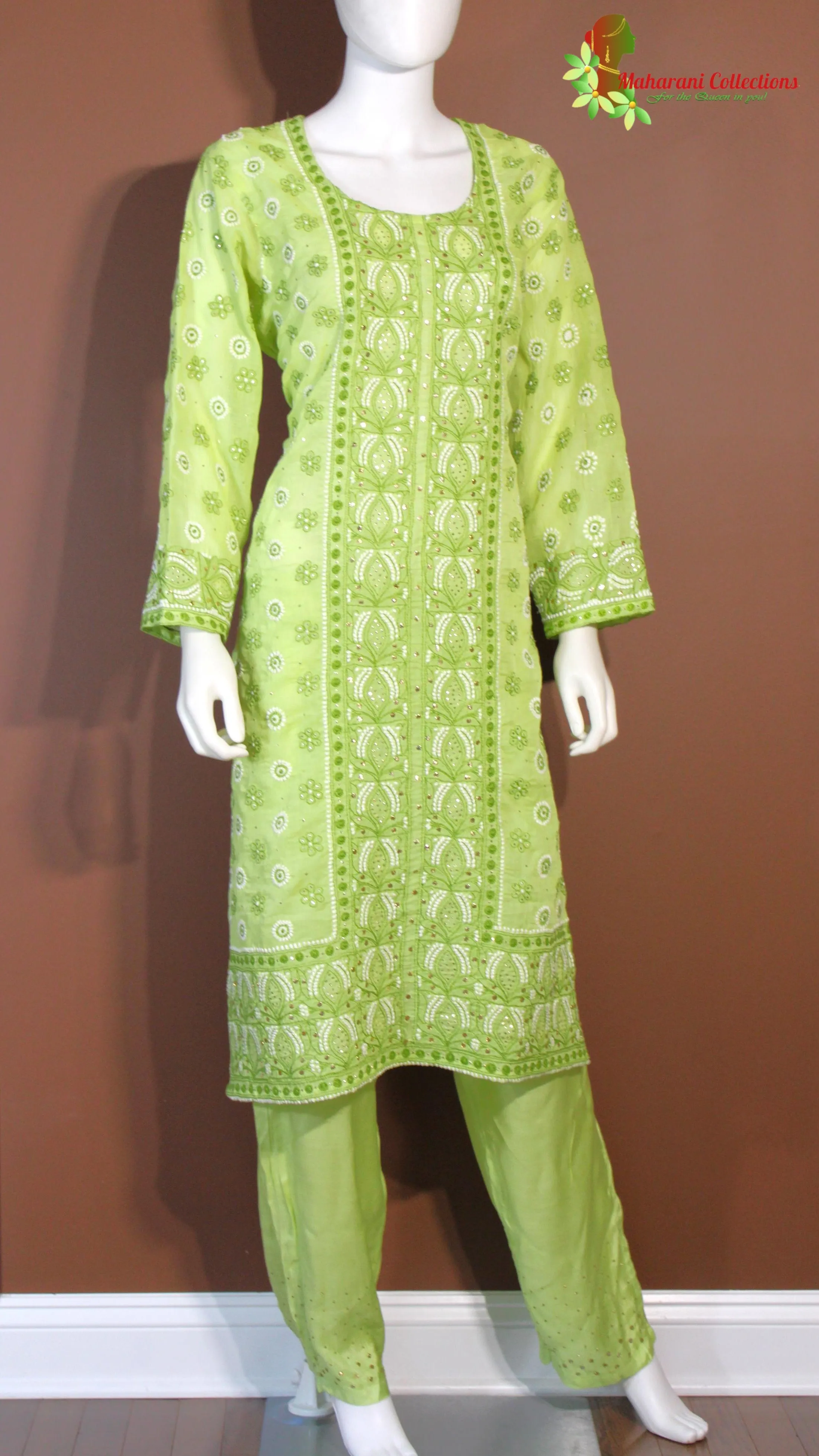 Maharani's Lucknowi Chikankari Palazzo Suit - Pista Green (XL) - Cotton Silk