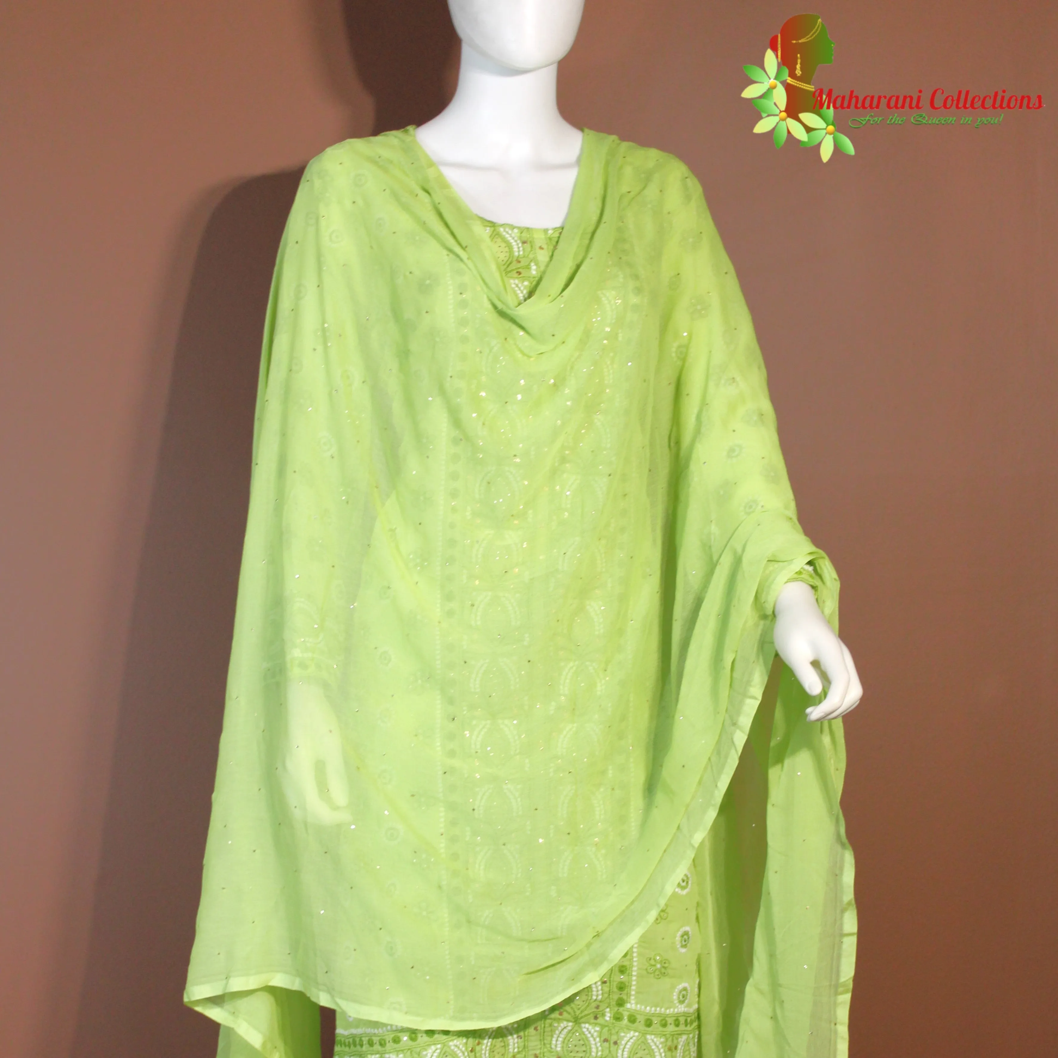 Maharani's Lucknowi Chikankari Palazzo Suit - Pista Green (XL) - Cotton Silk