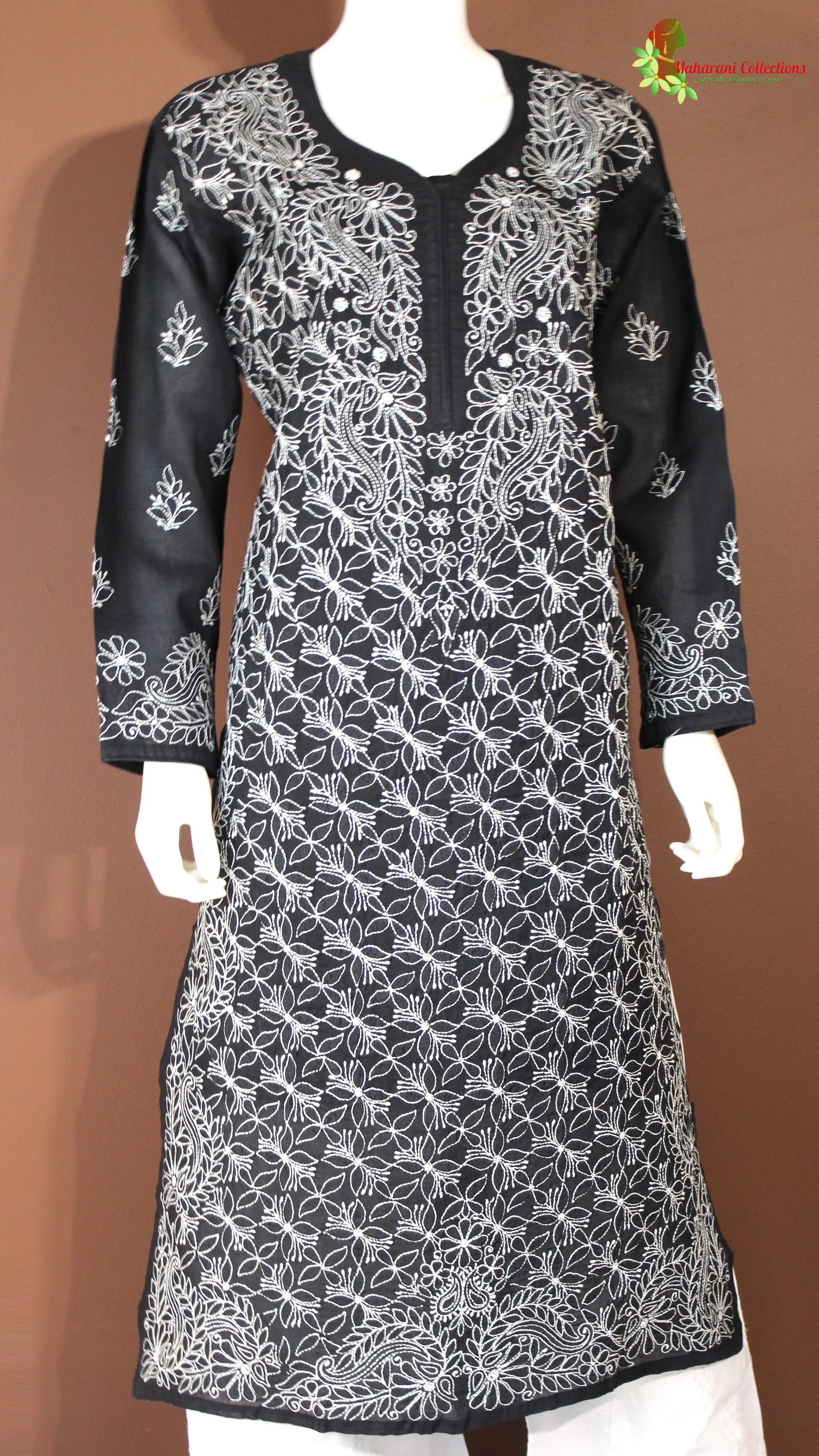 Maharani's Lucknowi Chikankari Pant Suit - Black (L) - Pure Cotton