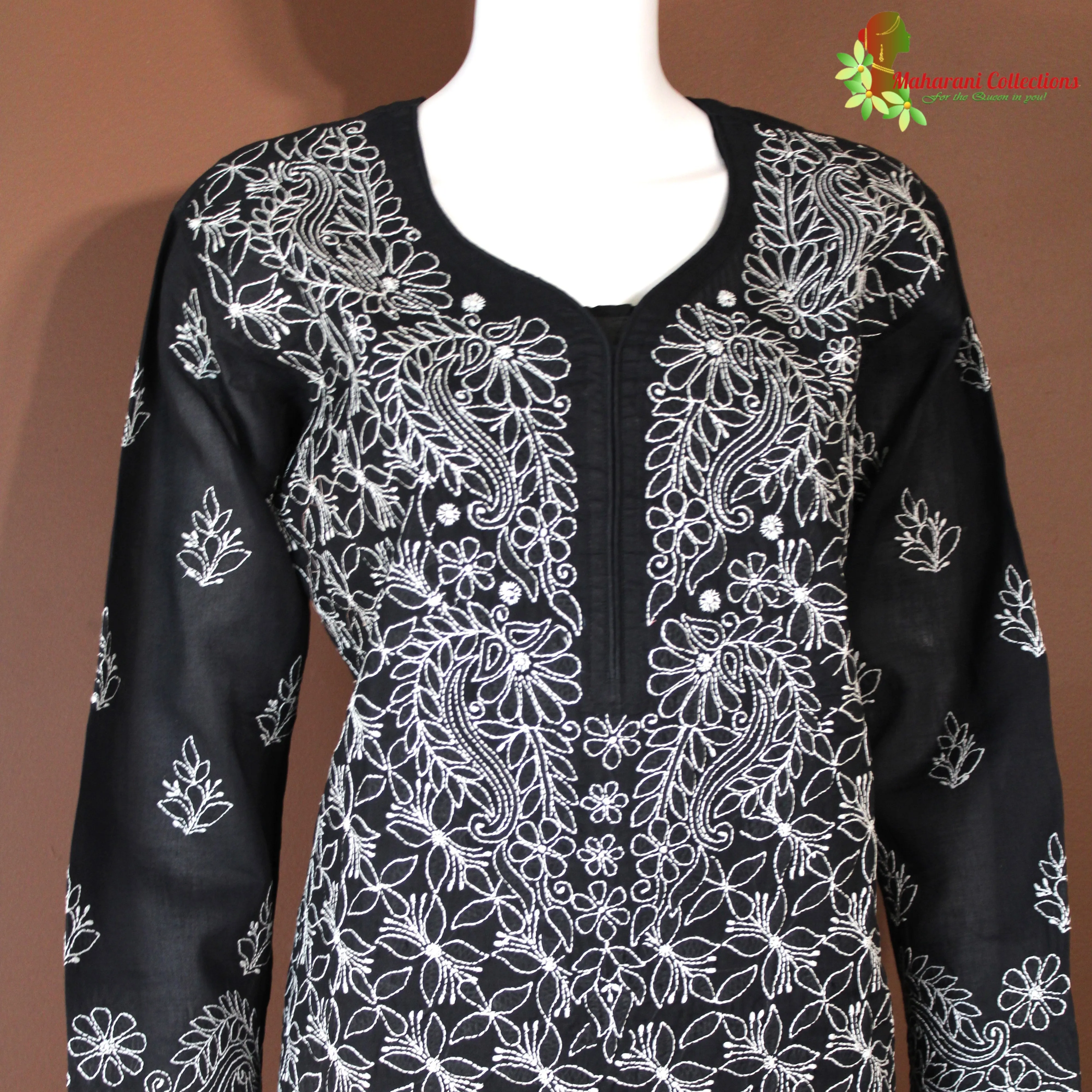 Maharani's Lucknowi Chikankari Pant Suit - Black (L) - Pure Cotton