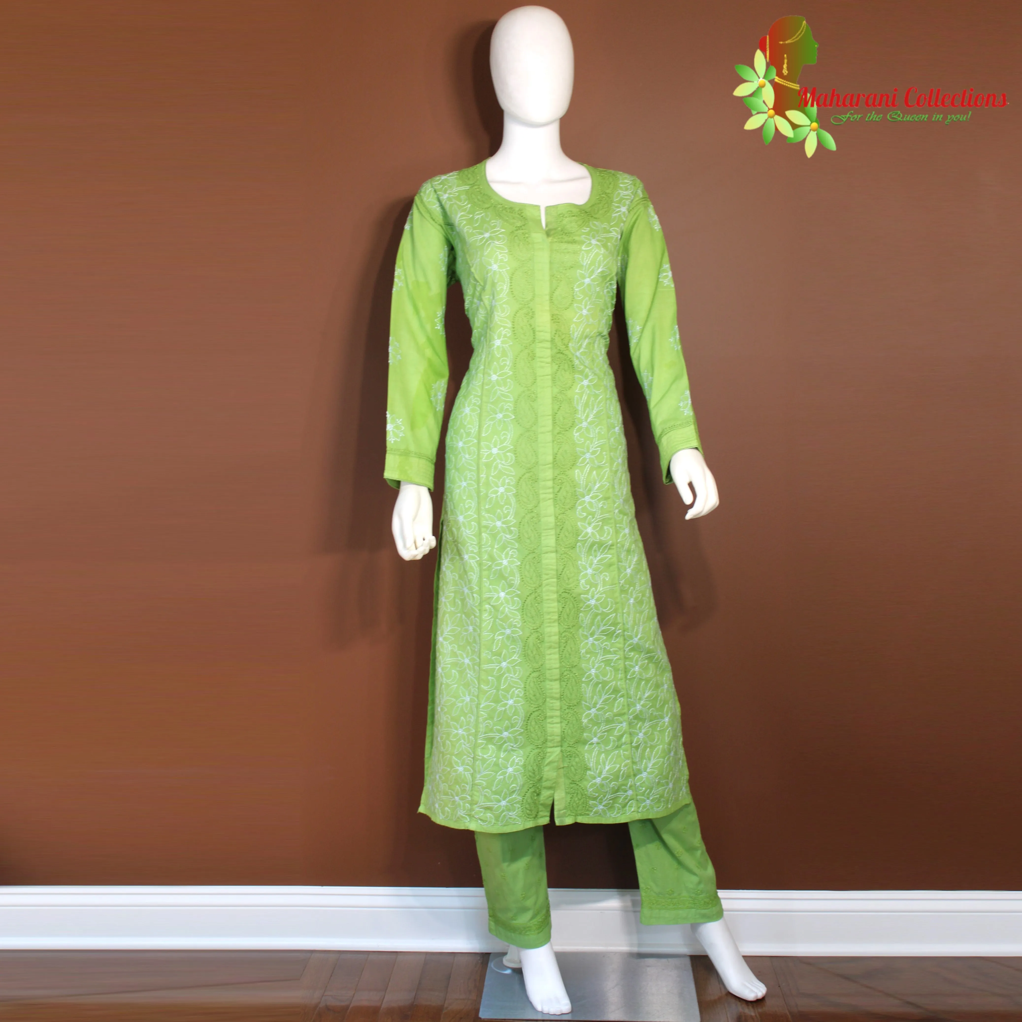 Maharani's Lucknowi Chikankari Pant Suit - Green (XL) - Pure Cotton