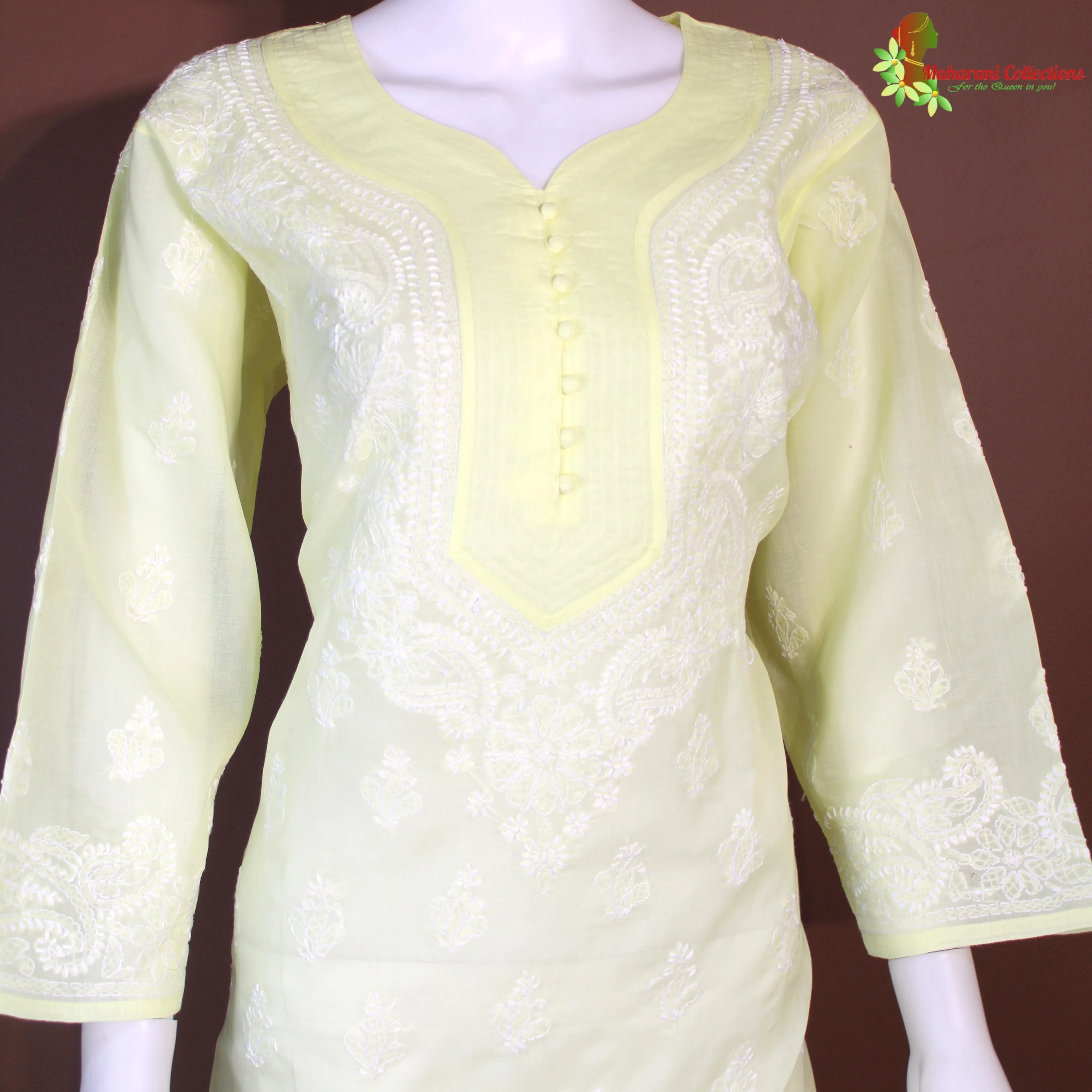 Maharani's Lucknowi Chikankari Pant Suit - Lemon Yellow (L) - Cotton