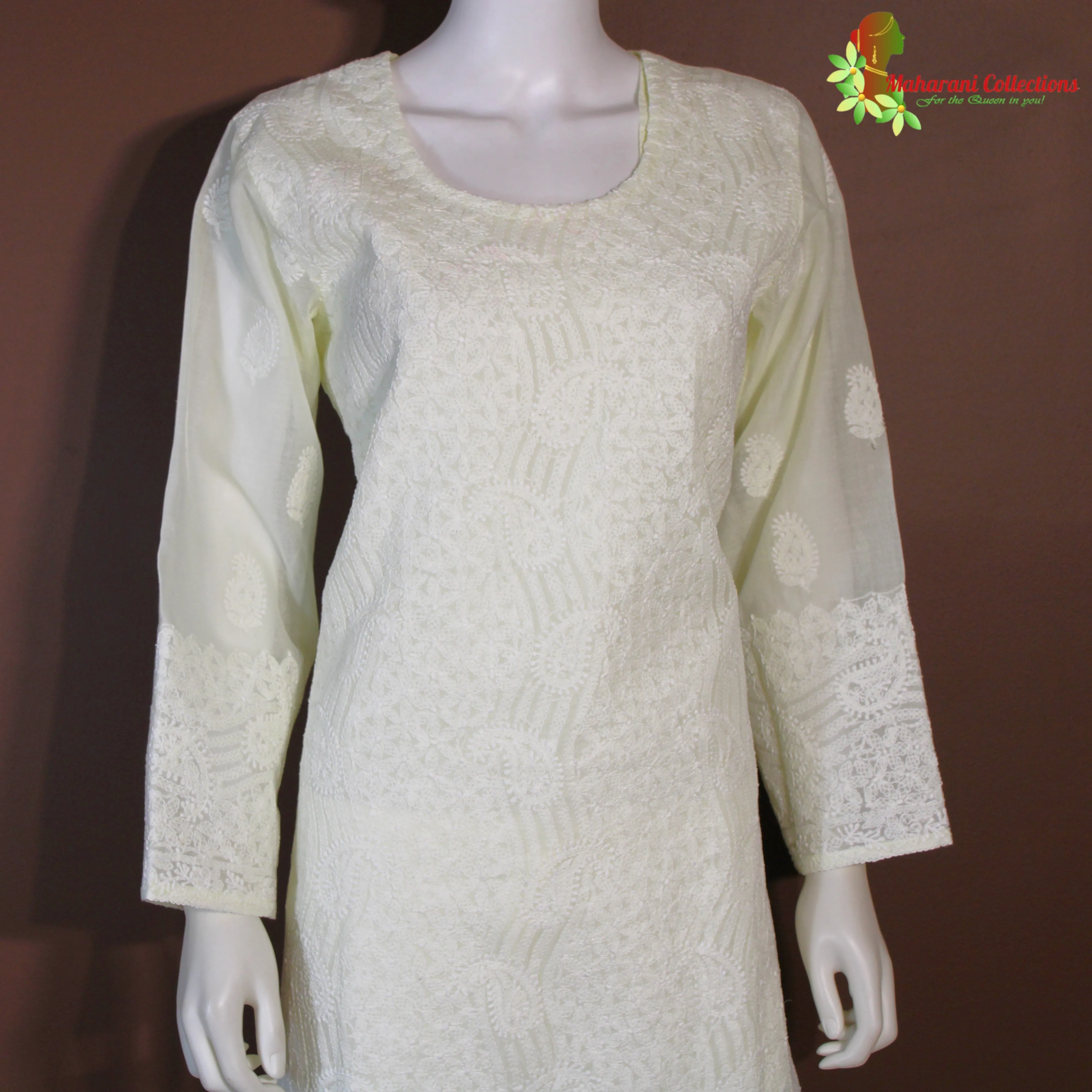Maharani's Lucknowi Chikankari Pant Suit - Lemon Yellow (XL) - Pure Cotton