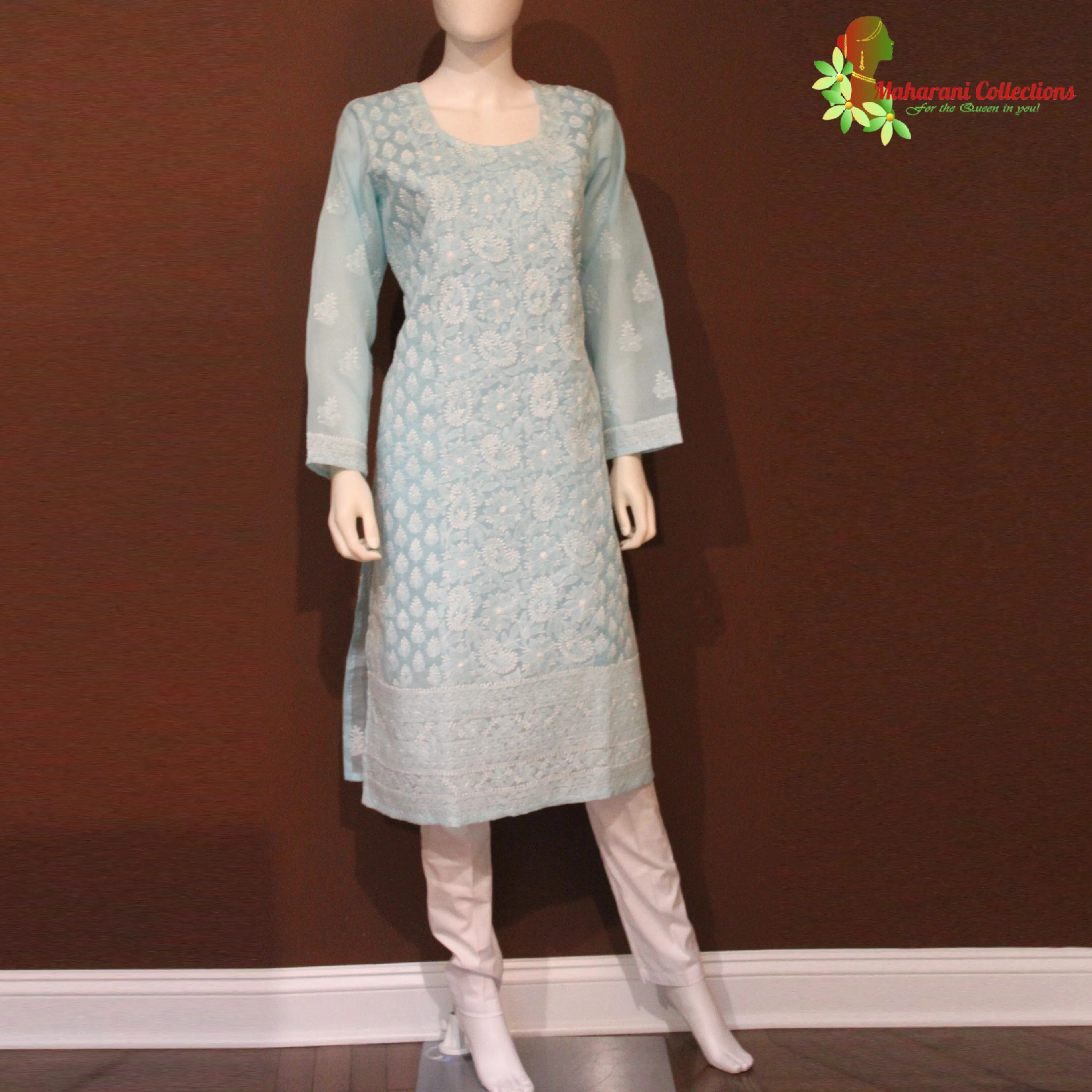 Maharani's Lucknowi Chikankari Pant Suit - Light Blue (XL) - Soft Cotton