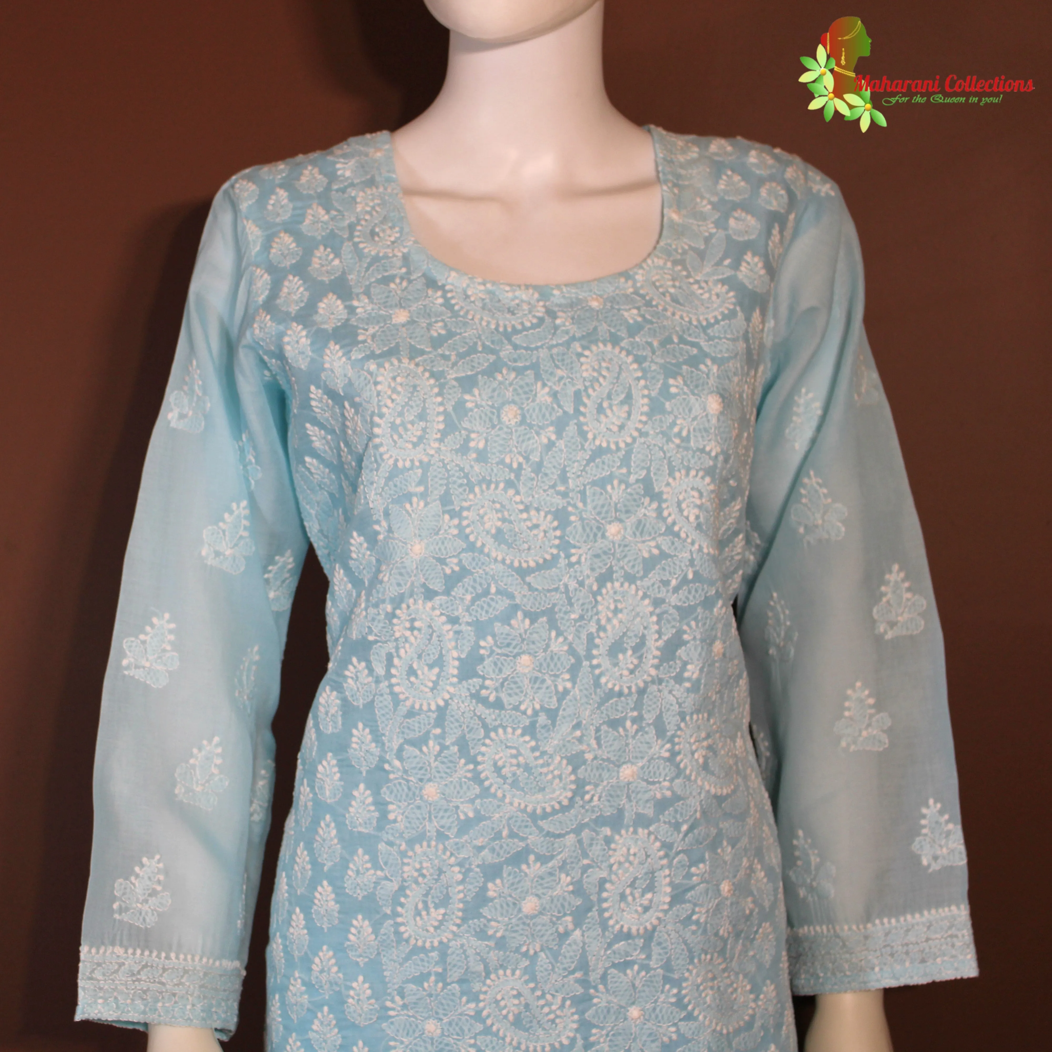 Maharani's Lucknowi Chikankari Pant Suit - Light Blue (XL) - Soft Cotton