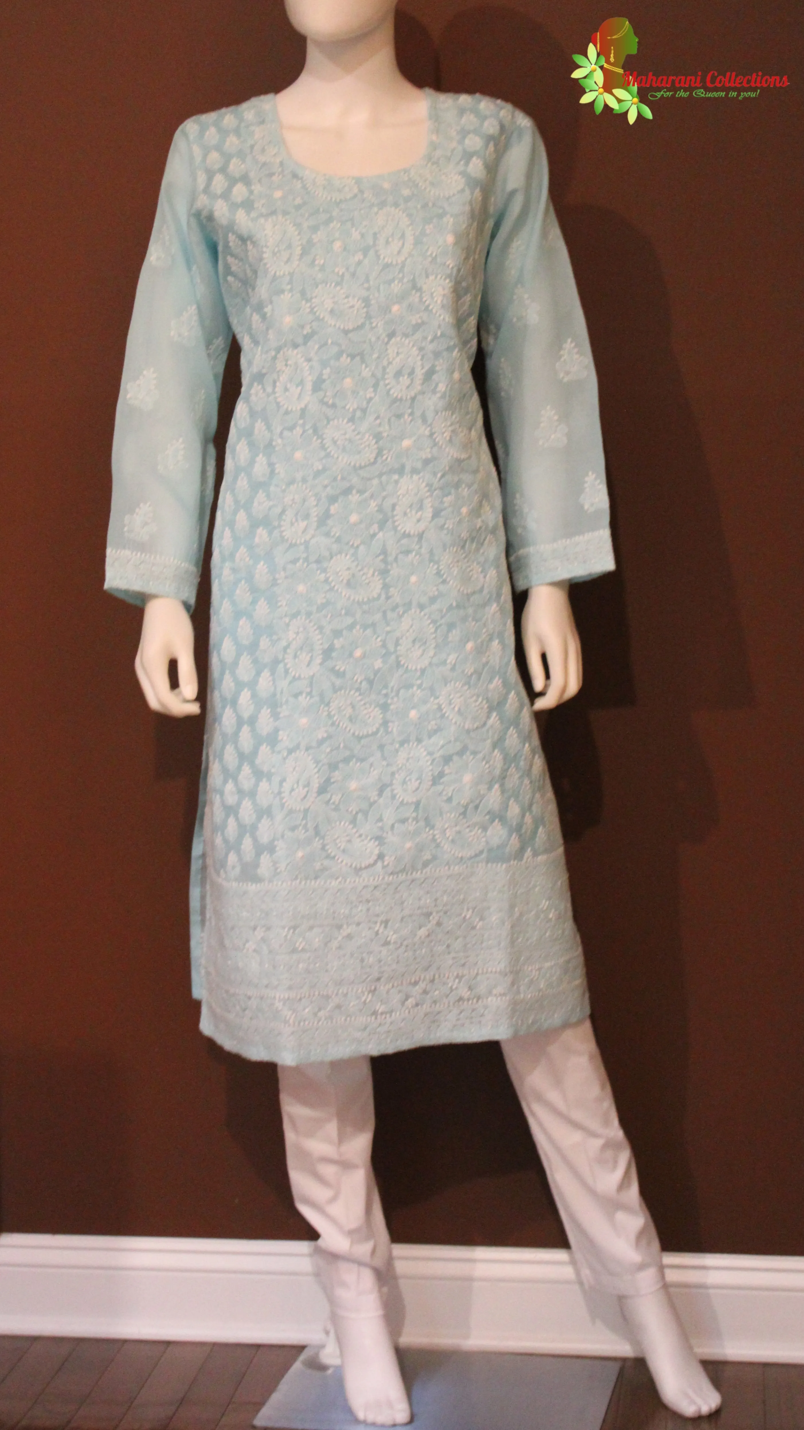 Maharani's Lucknowi Chikankari Pant Suit - Light Blue (XL) - Soft Cotton