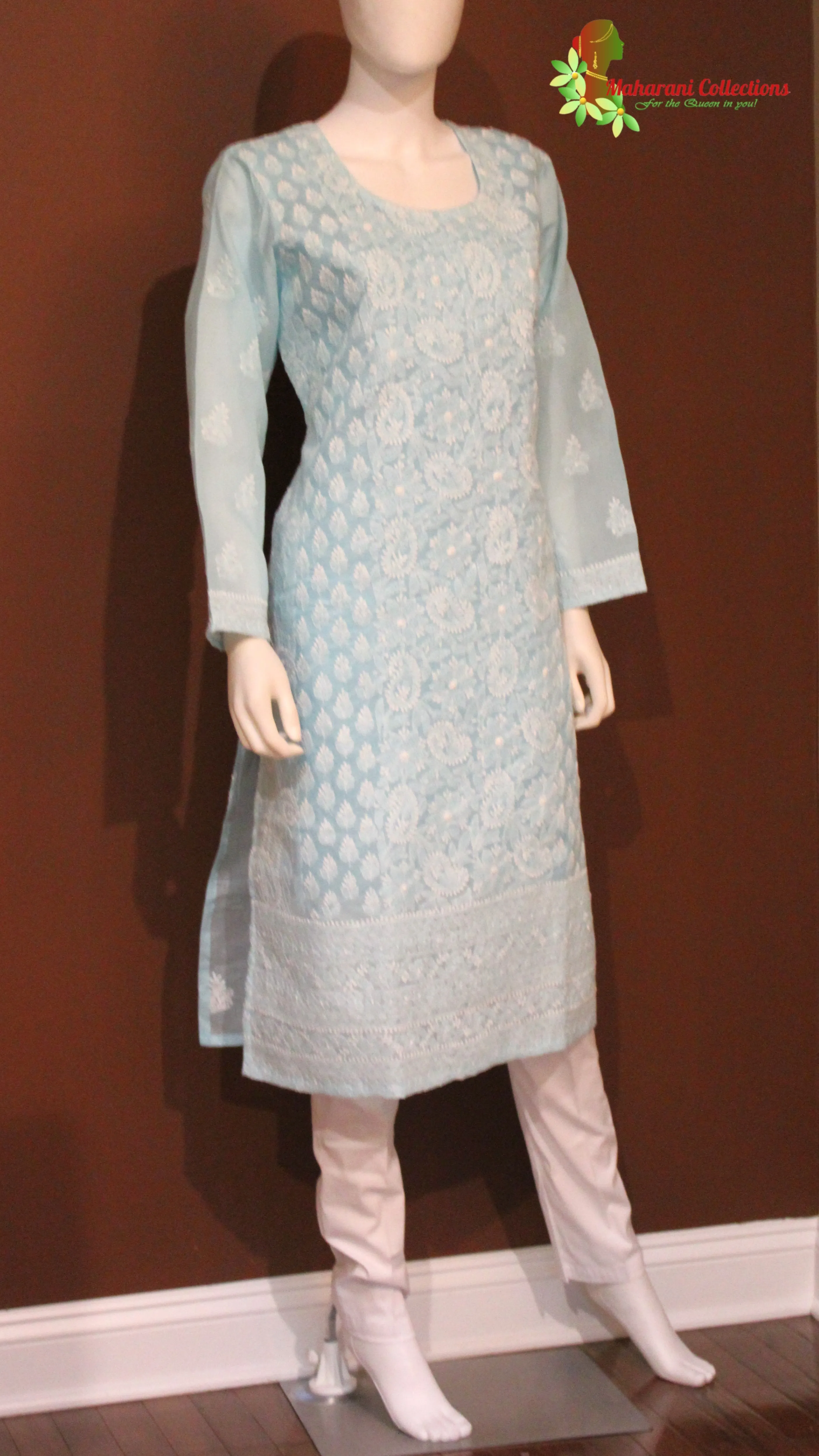 Maharani's Lucknowi Chikankari Pant Suit - Light Blue (XL) - Soft Cotton