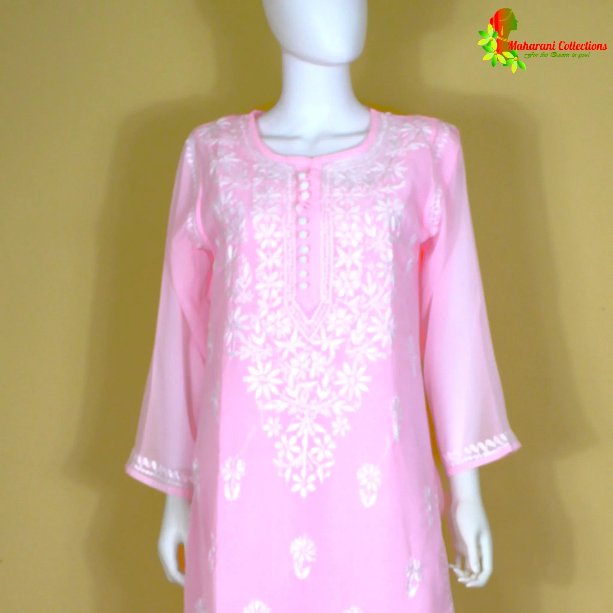 Maharani's Lucknowi Chikankari Pant Suit - Light Pink (L) - Pure Georgette