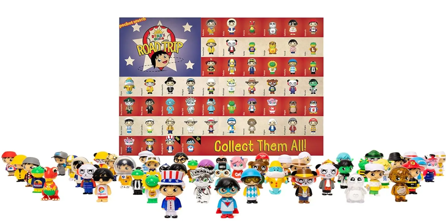 Ryan’s World Road Trip 53 pc Complete Figure Set   Bonus Figure, Mystery Figures For All 50 States, Ultra-Rare Figures, Surprise Exclusive Micro Figure, State Stickers, USA Map, [Amazon Exclusive]